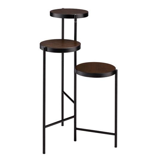 Modern tiered plant stand with dark wood tops and black metal frame ideal for indoor greenery
