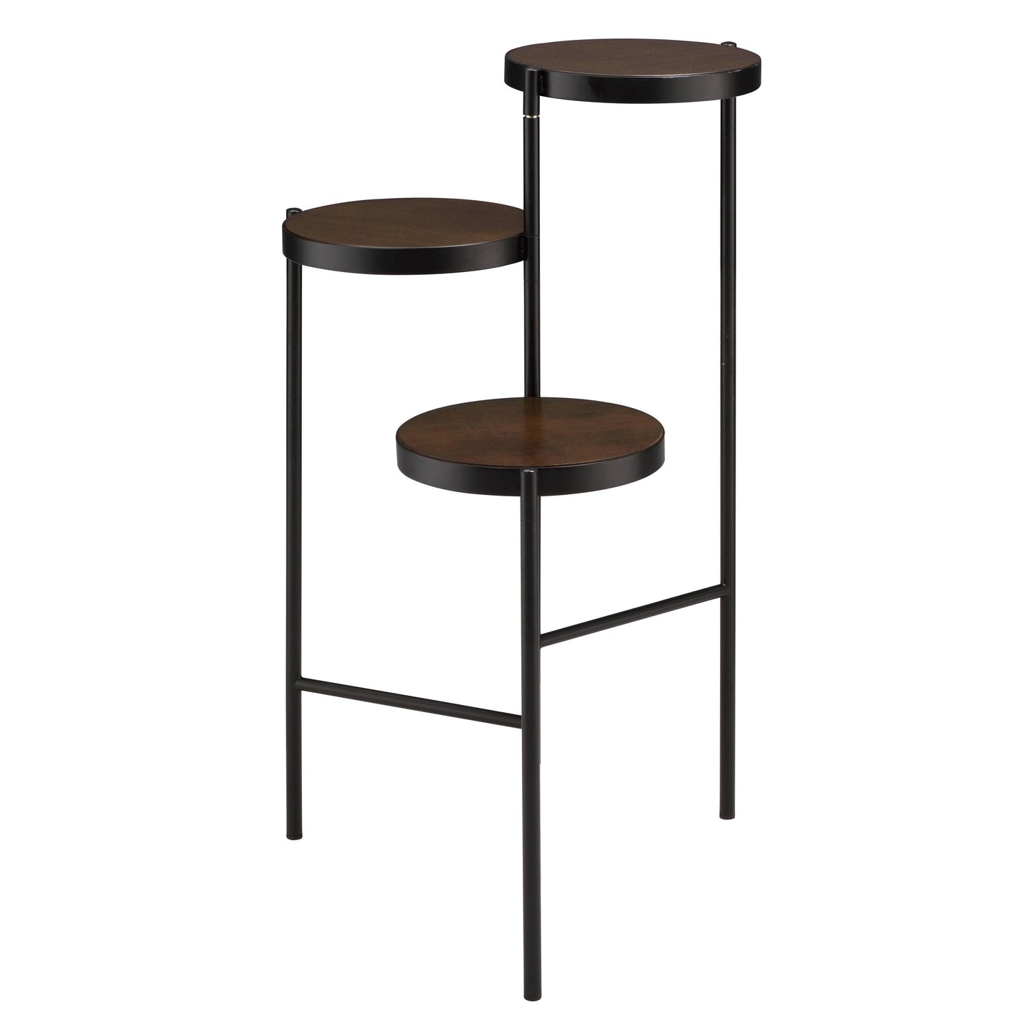 Black metal threetier plant stand with round wooden shelves