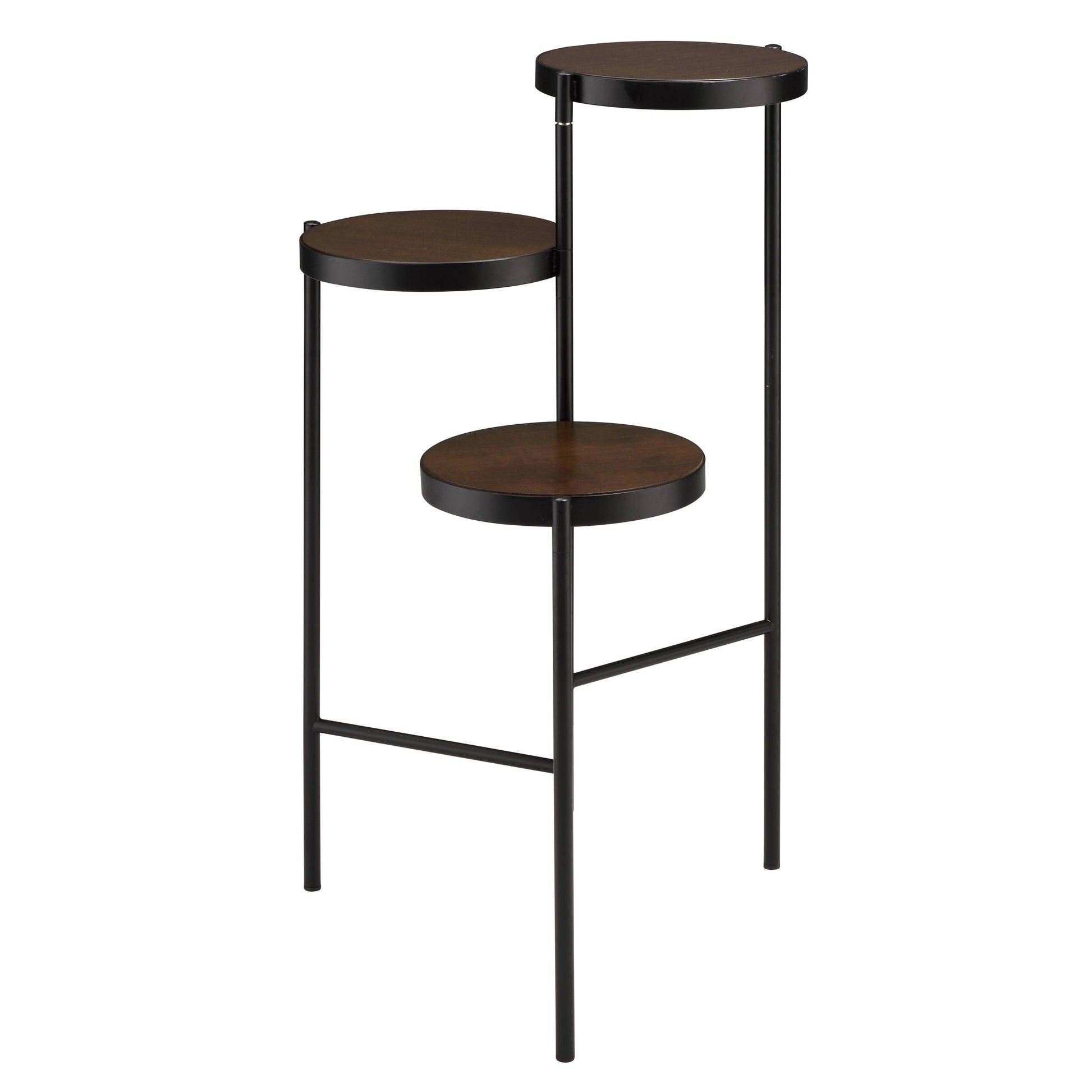 Black metal threetier plant stand with round wooden shelves