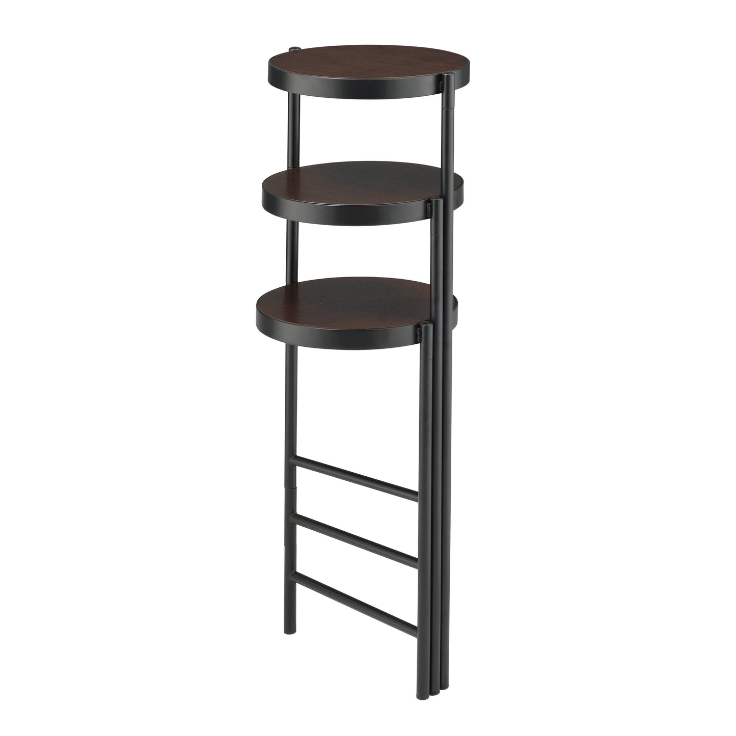 Modern threetier plant stand with dark wood shelves and black metal frame