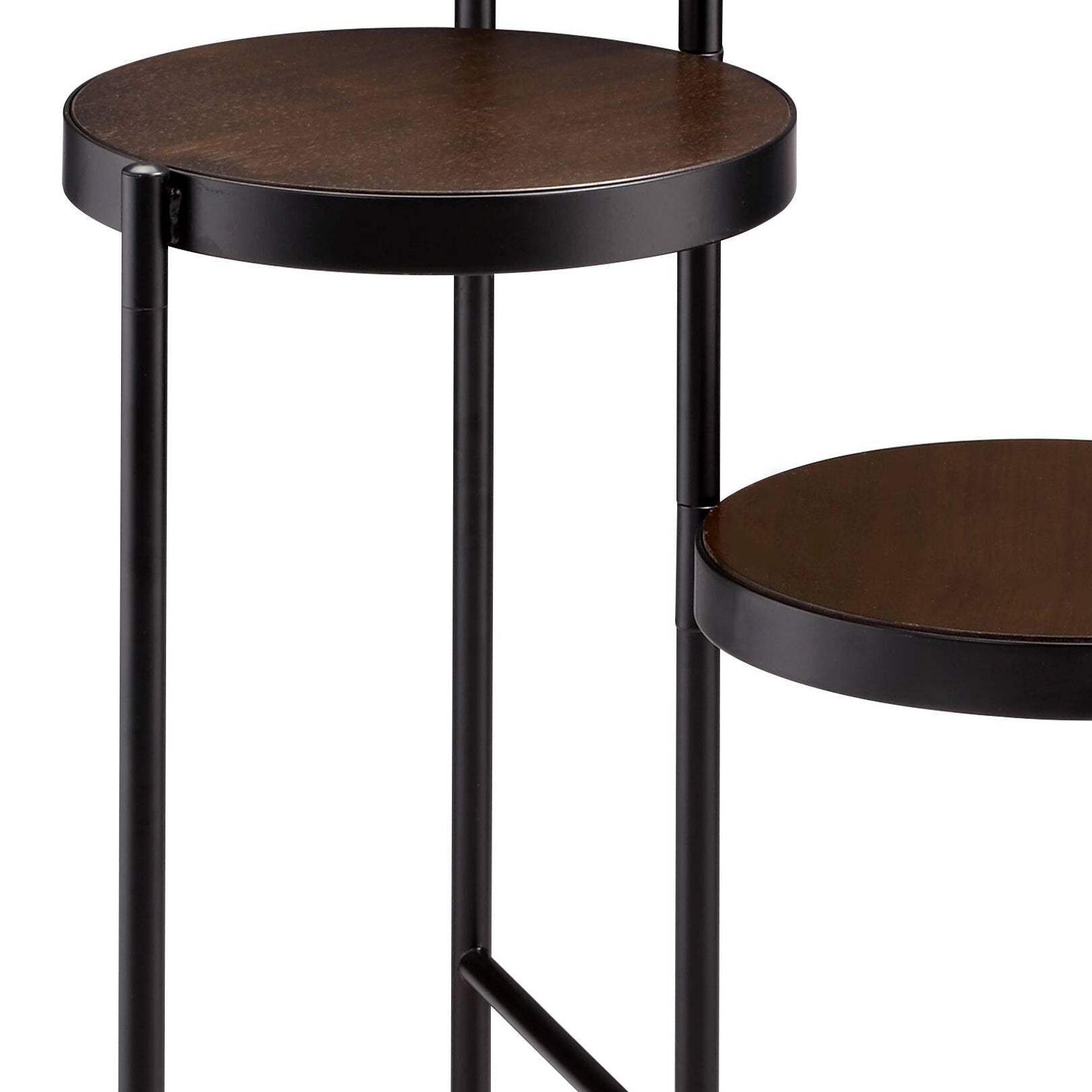Tiered plant stand with dark woodlook shelves and black metal frame