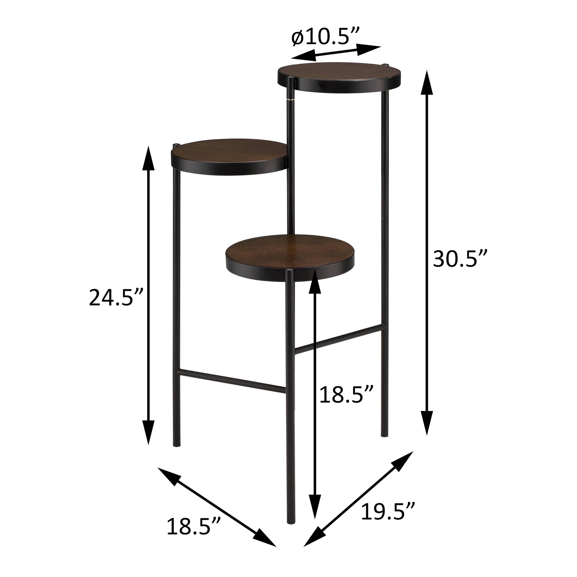 Threetier round tiered plant stand with dark wood shelves and black metal frame  inches tall
