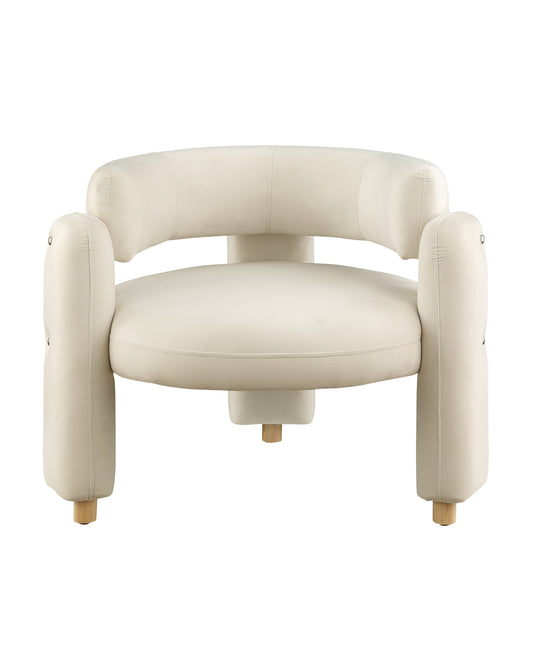 Cream boucle accent chair with curved back and wooden legs perfect for living rooms