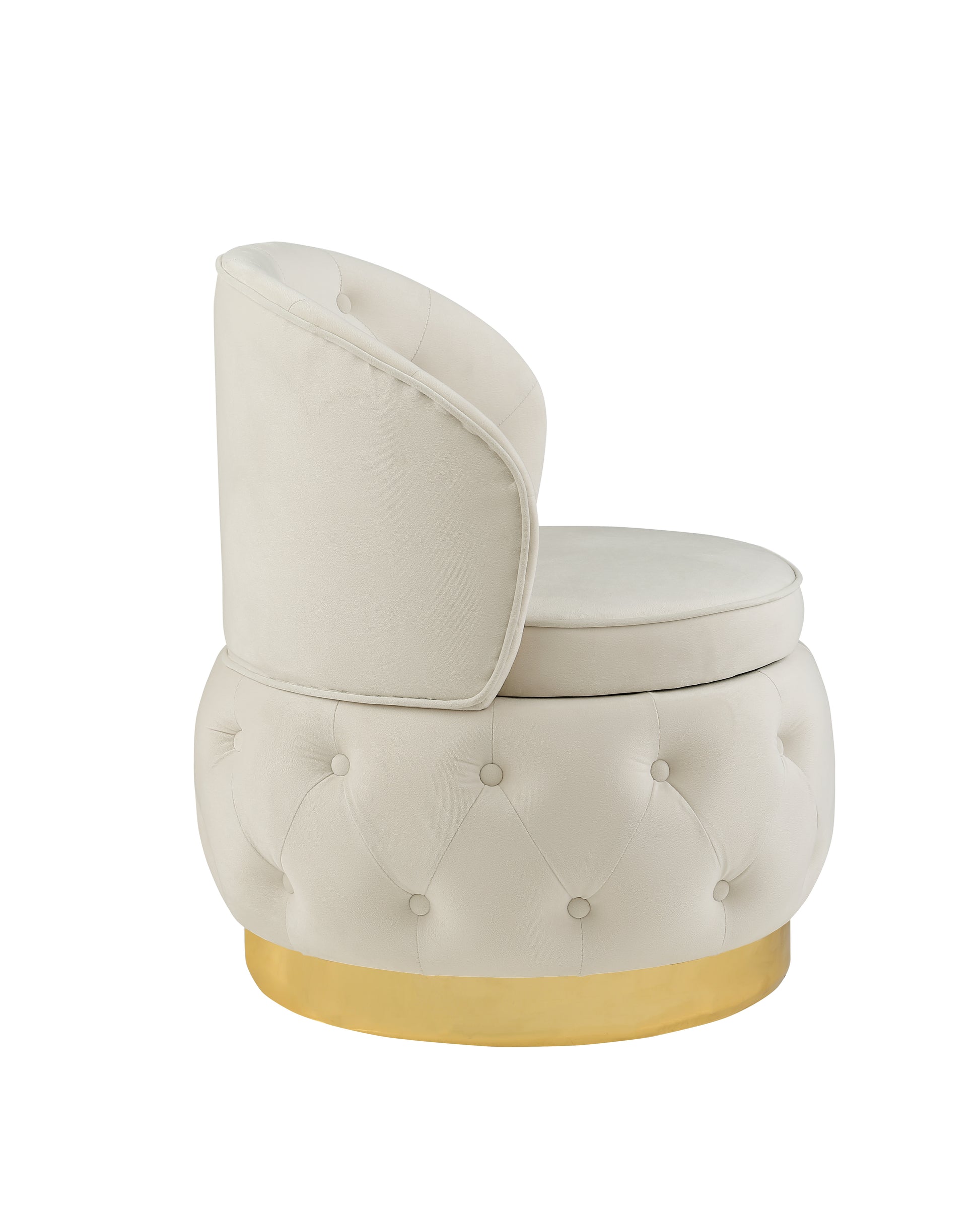 Cream velvet accent chair with tufted base and gold pedestal