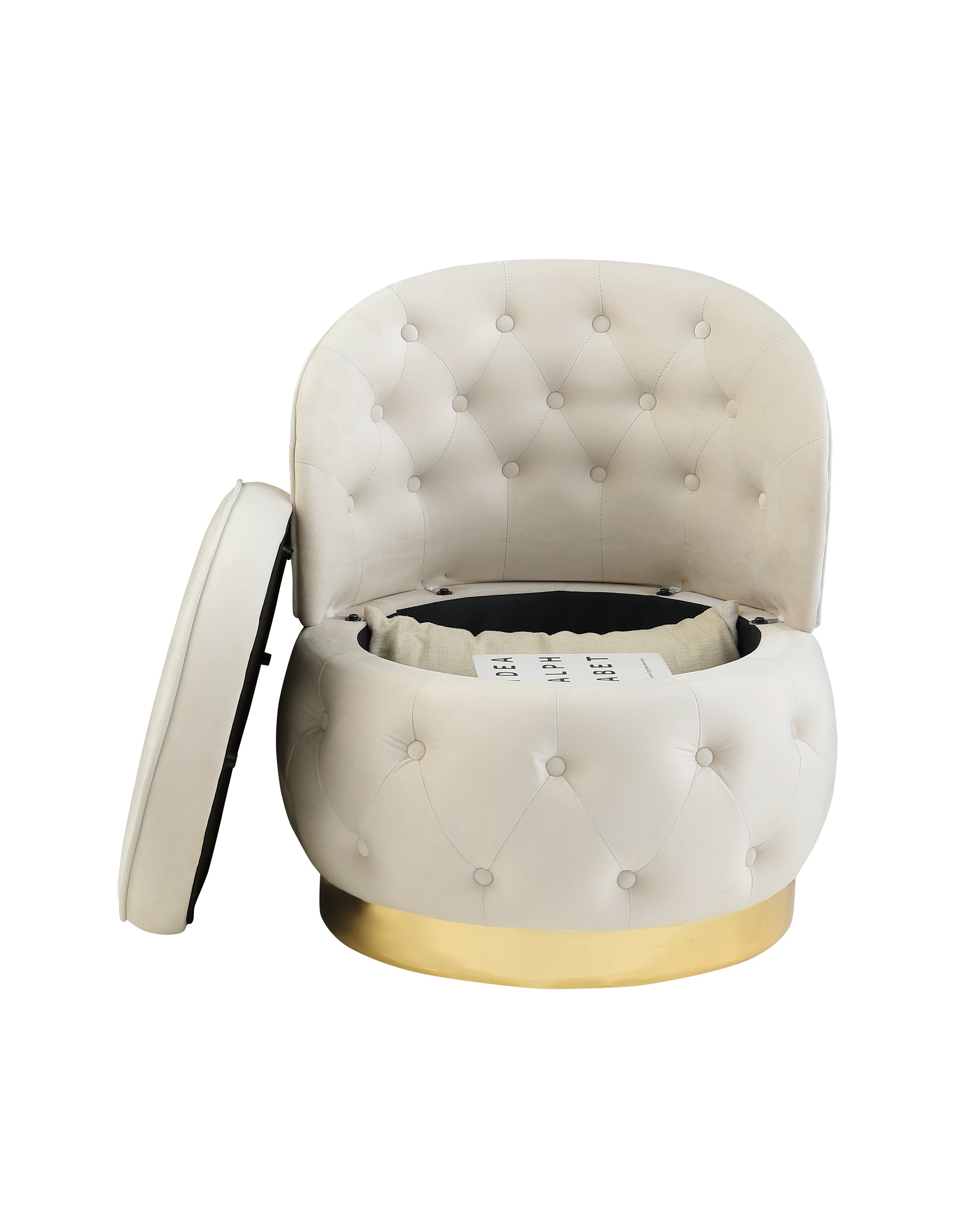 Tufted cream velvet storage ottoman with gold base and open lid