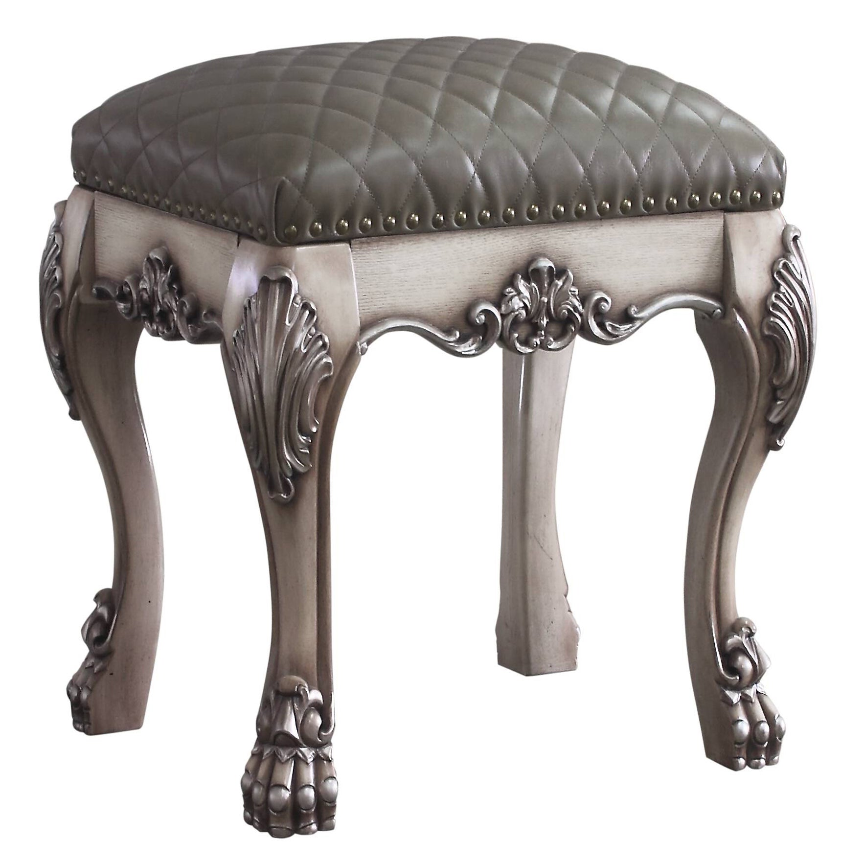 Grey tufted faux leather vanity stool with ornate carved wooden base and claw feet