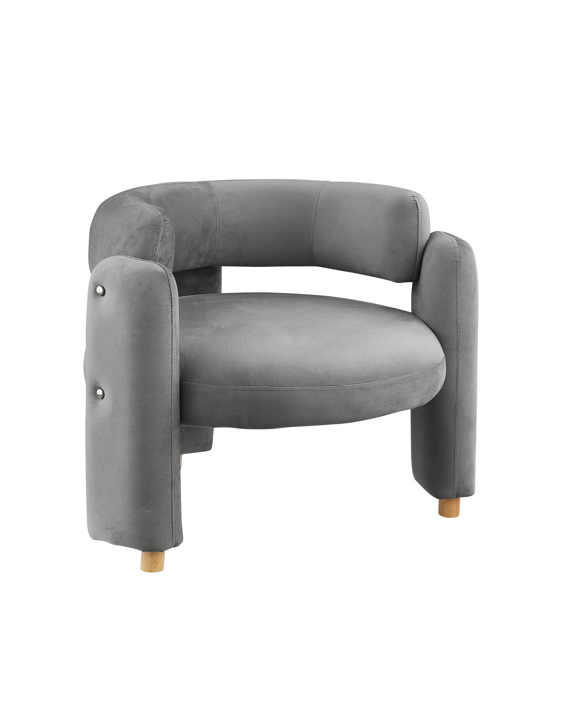 Grey velvet accent chair with rounded arms and wooden legs perfect for modern living spaces