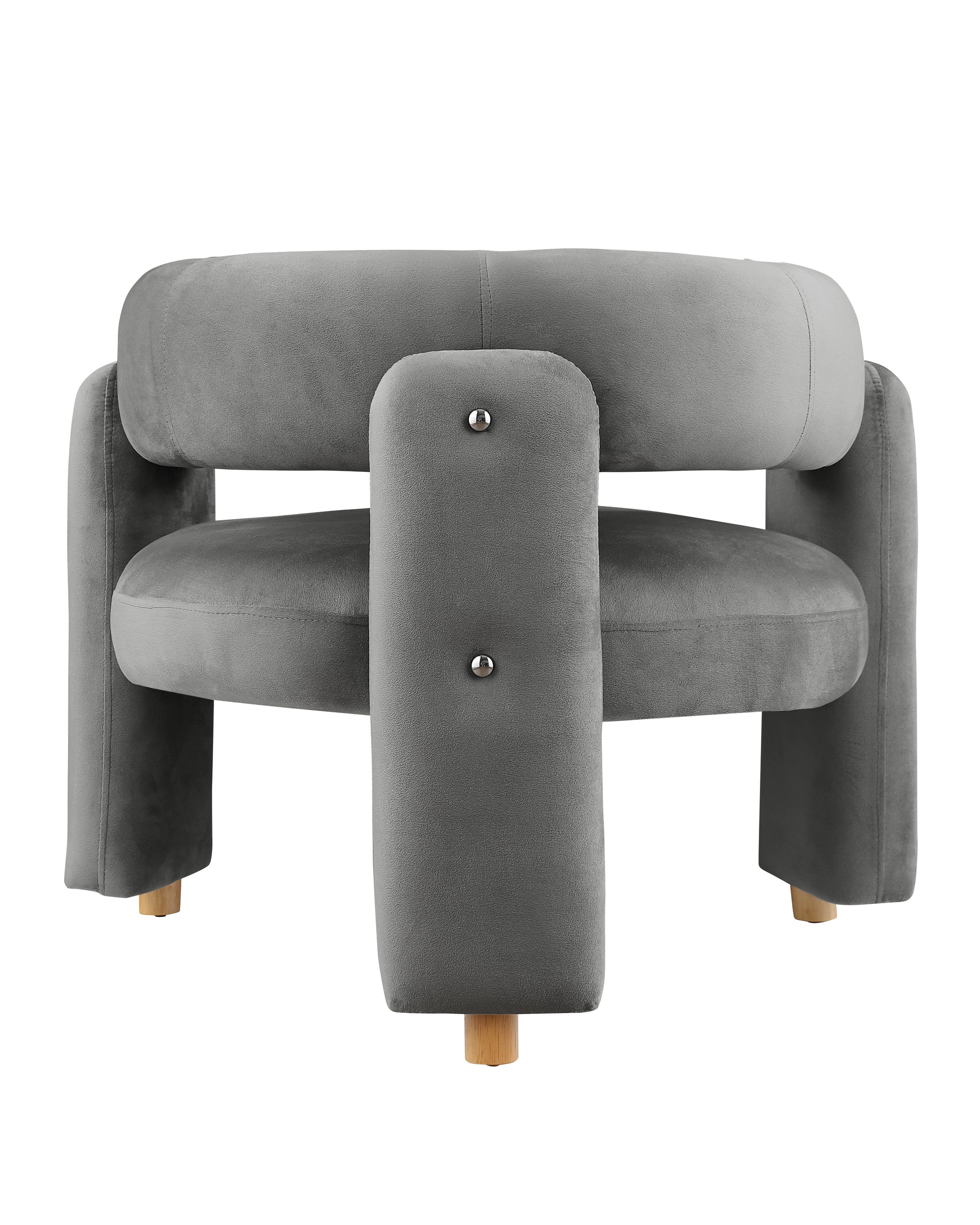 Plush grey velvet armchair with modern design and silver accent studs
