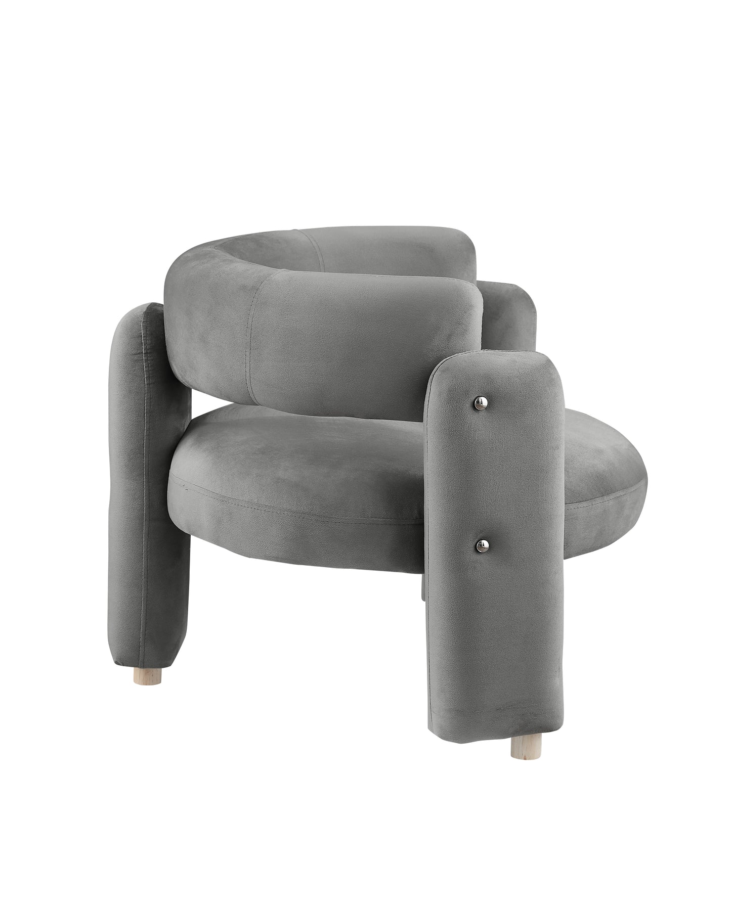 Plush grey velvet accent chair with curved back and silver stud detailing