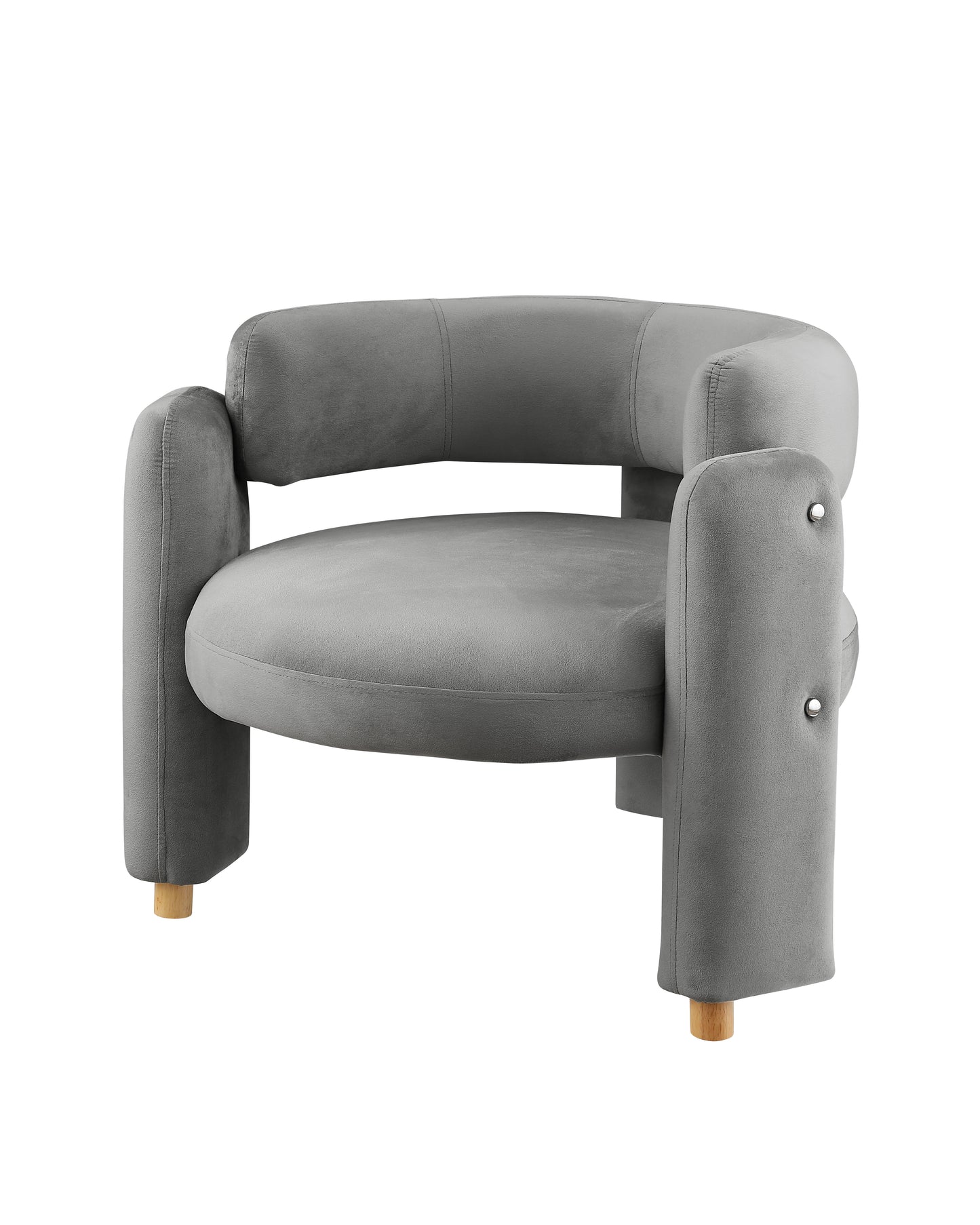 Plush grey velvet accent chair with curved arms and silver stud details perfect for modern living rooms