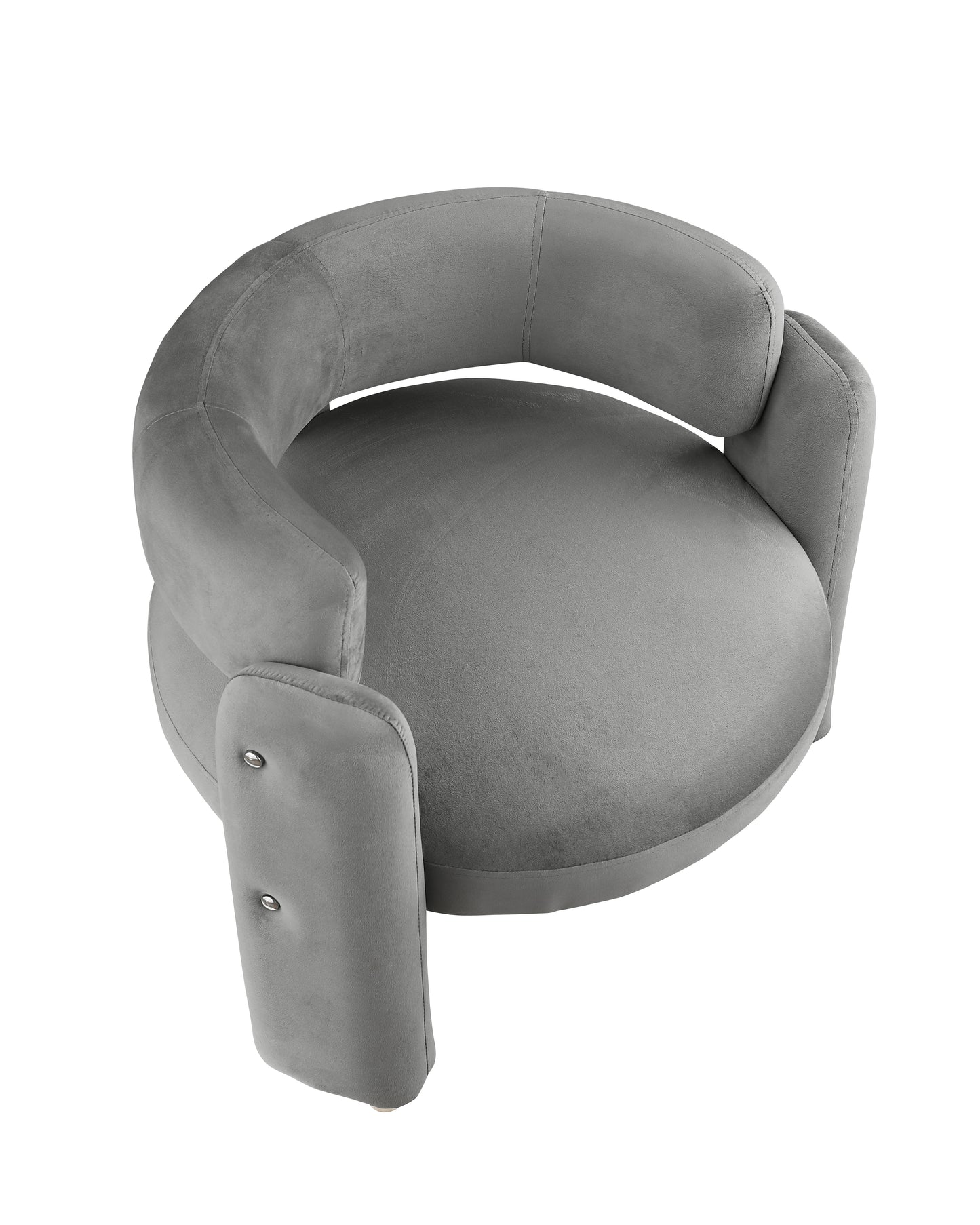 Plush grey velvet accent chair with curved back and tufted details for a modern living room