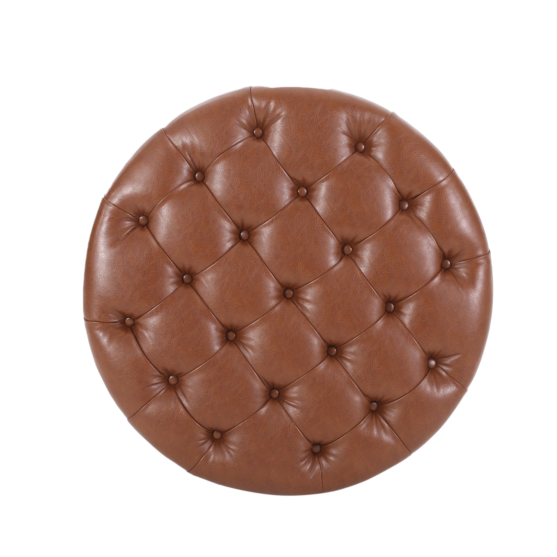 Brown tufted leather round ottoman with diamond button tufting