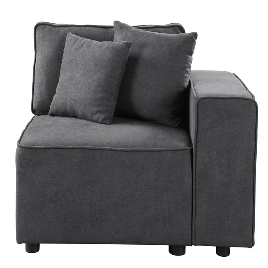 Dark grey fabric sectional sofa corner piece with lumbar and back pillows modern design