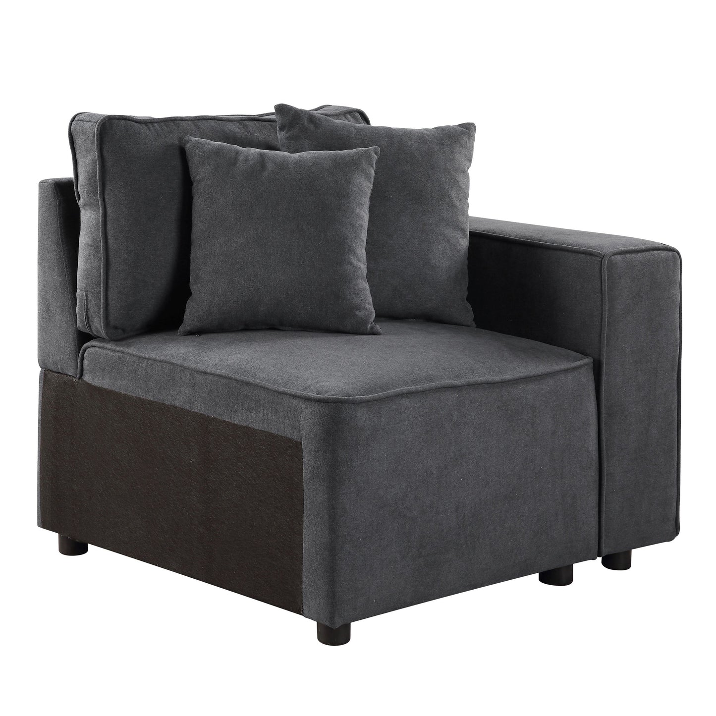 Charcoal gray fabric sectional sofa corner piece with two plush back cushions