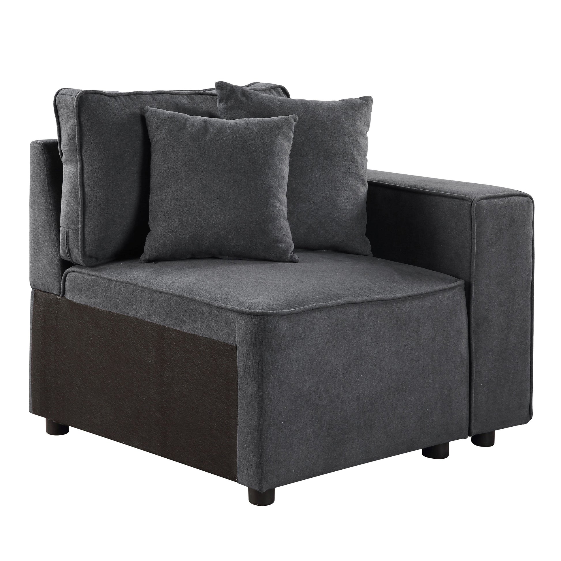 Charcoal gray fabric sectional sofa corner piece with two plush back cushions