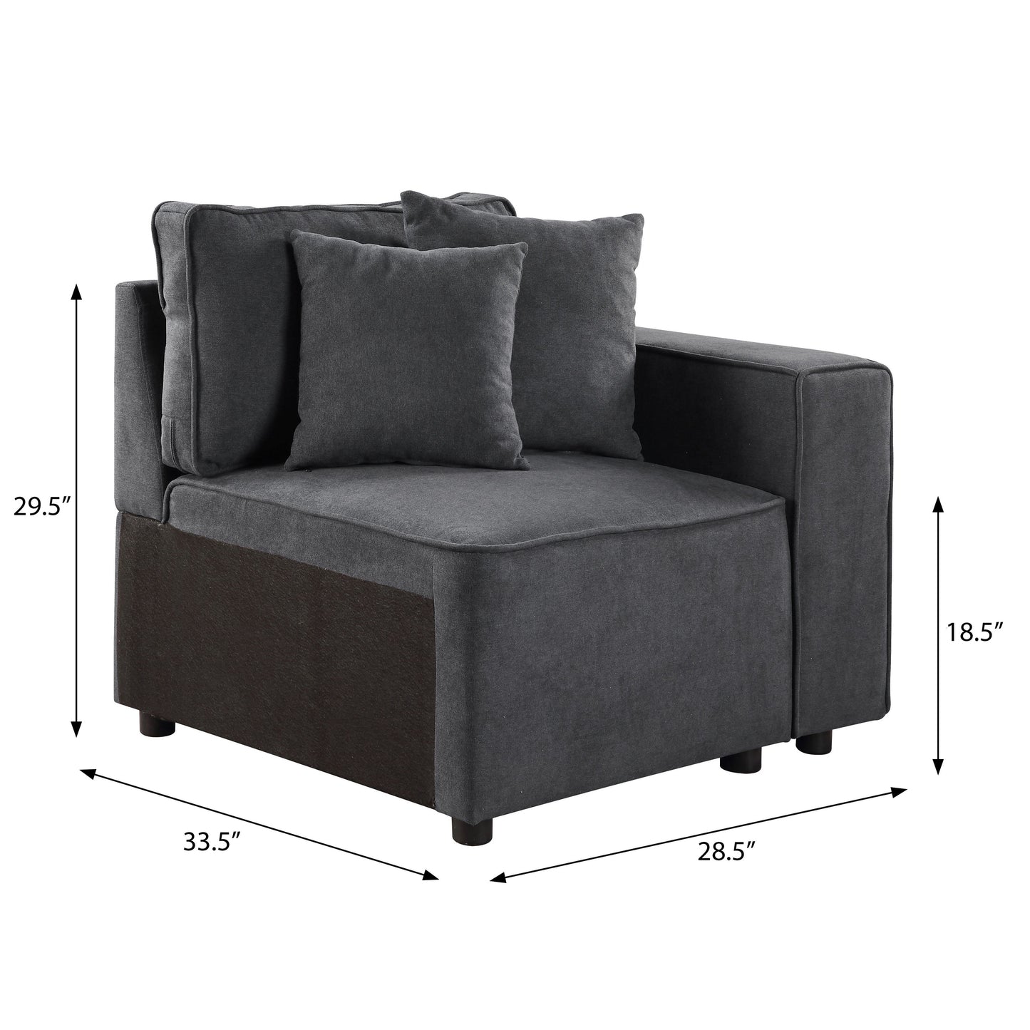 Dark gray fabric armchair with plush back and seat cushions featuring contrasting dark wood base