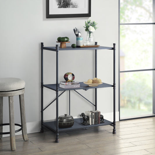 Dark gray metal threetier shelving unit with decorative pipe legs ideal for modern home organization