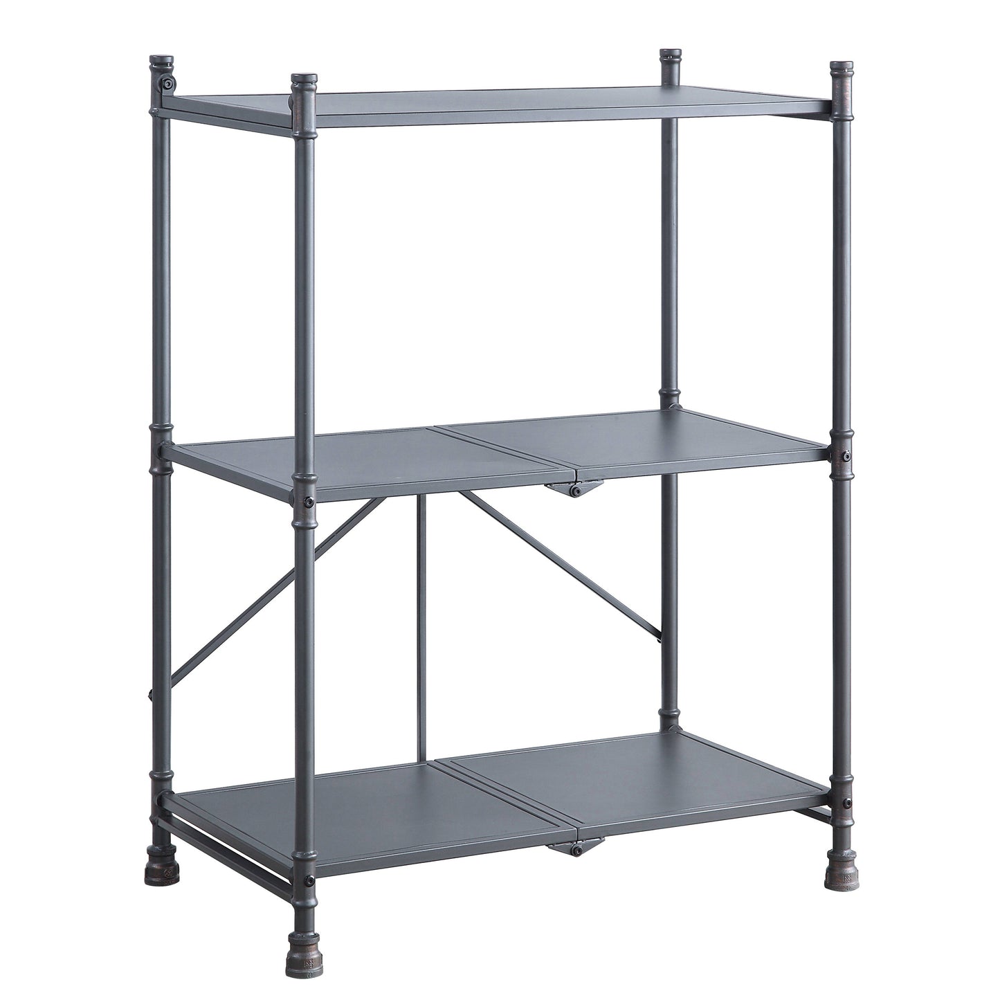 Dark gray metal industrial shelving unit with three shelves and decorative feet