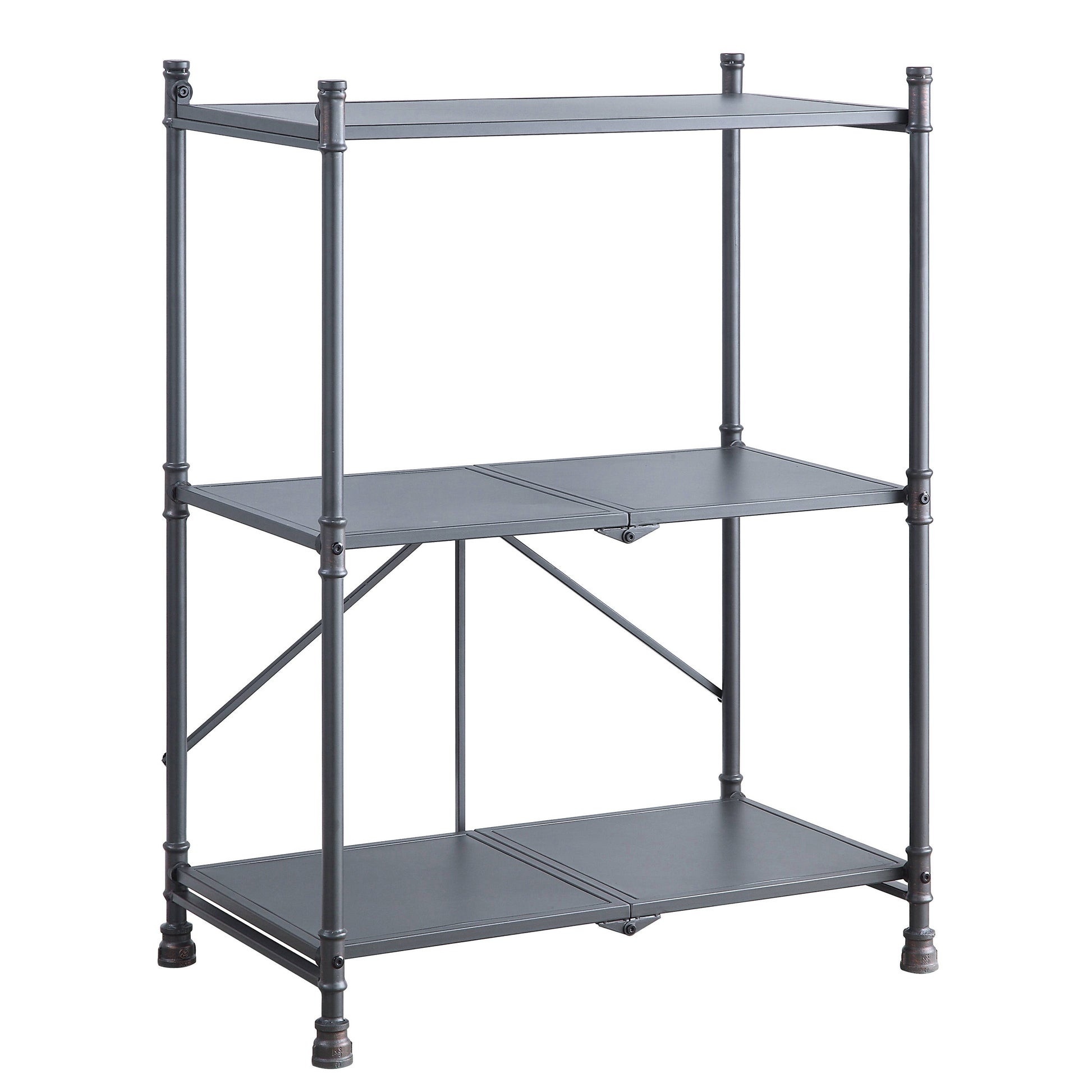 Dark gray metal industrial shelving unit with three shelves and decorative feet