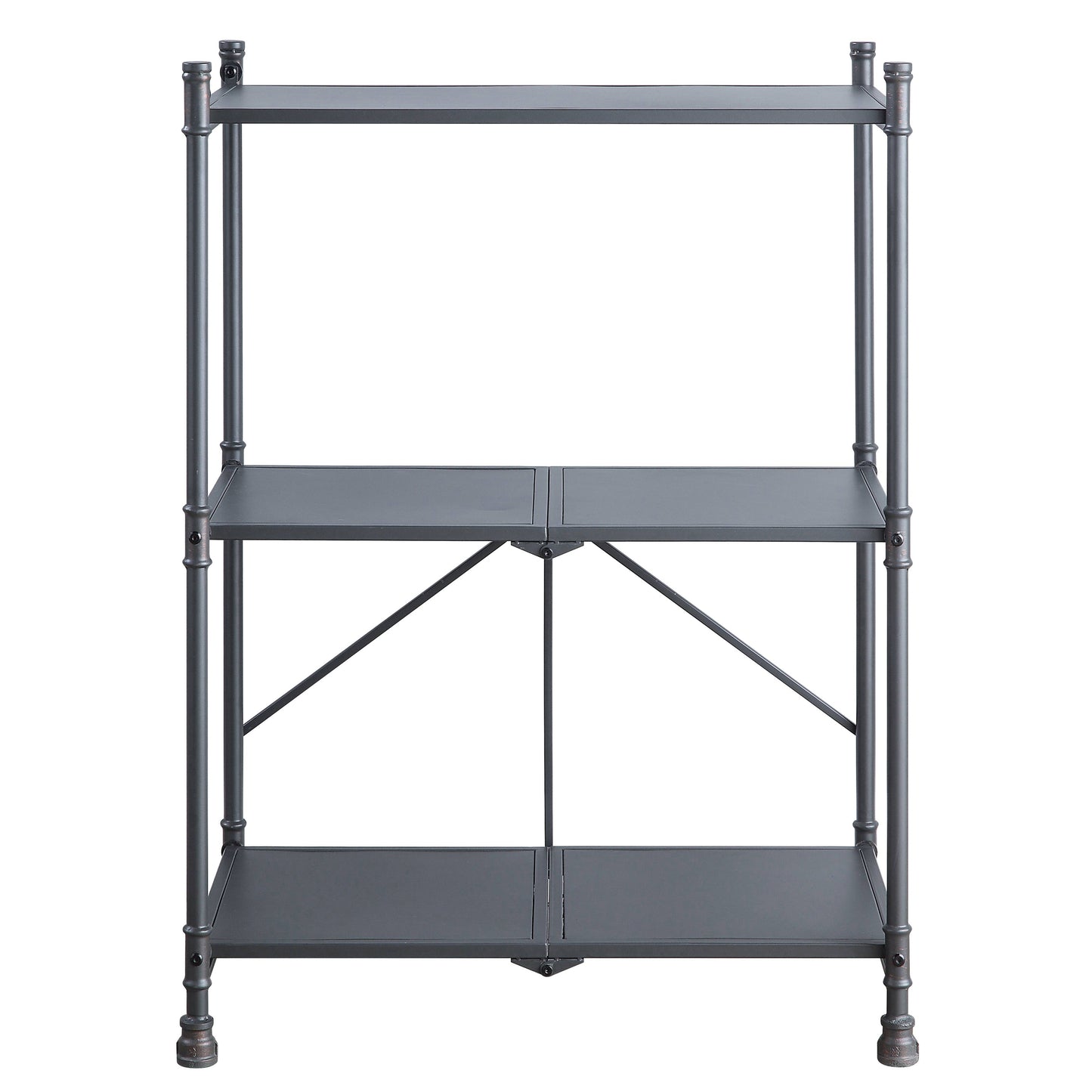 Industrial metal shelving unit with three dark gray shelves and pipestyle legs