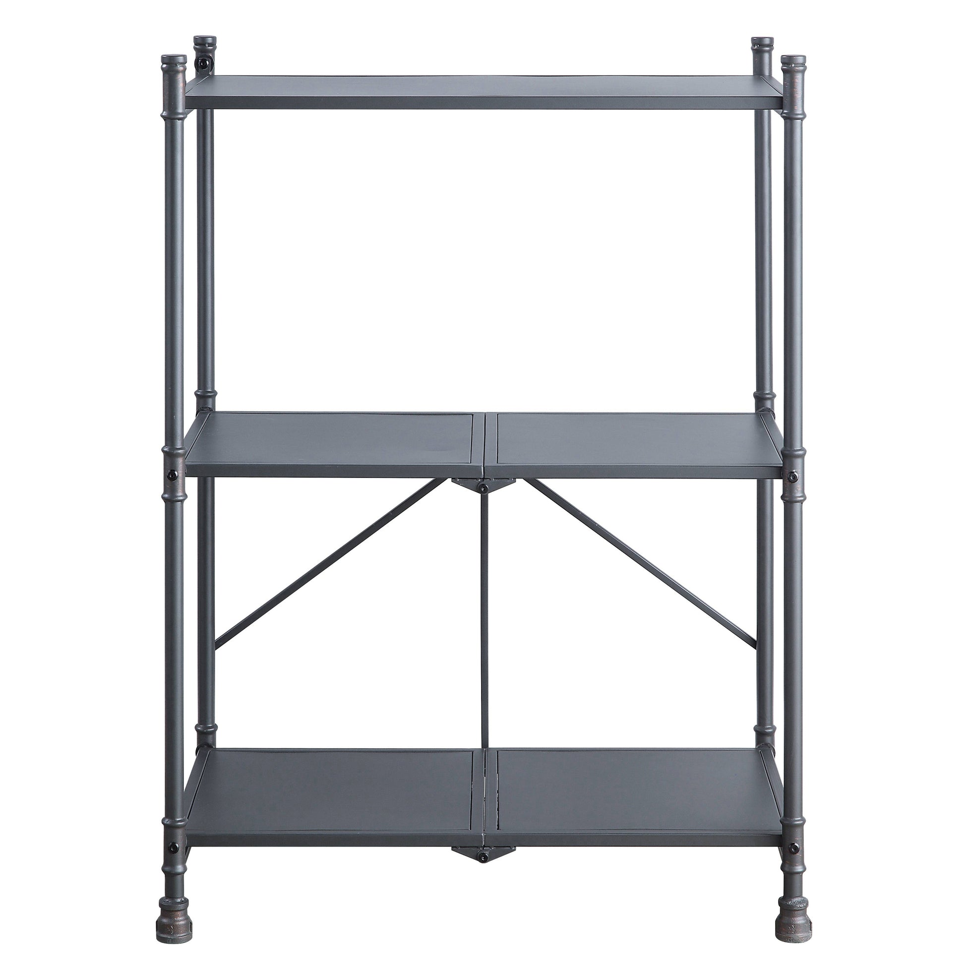 Industrial metal shelving unit with three dark gray shelves and pipestyle legs