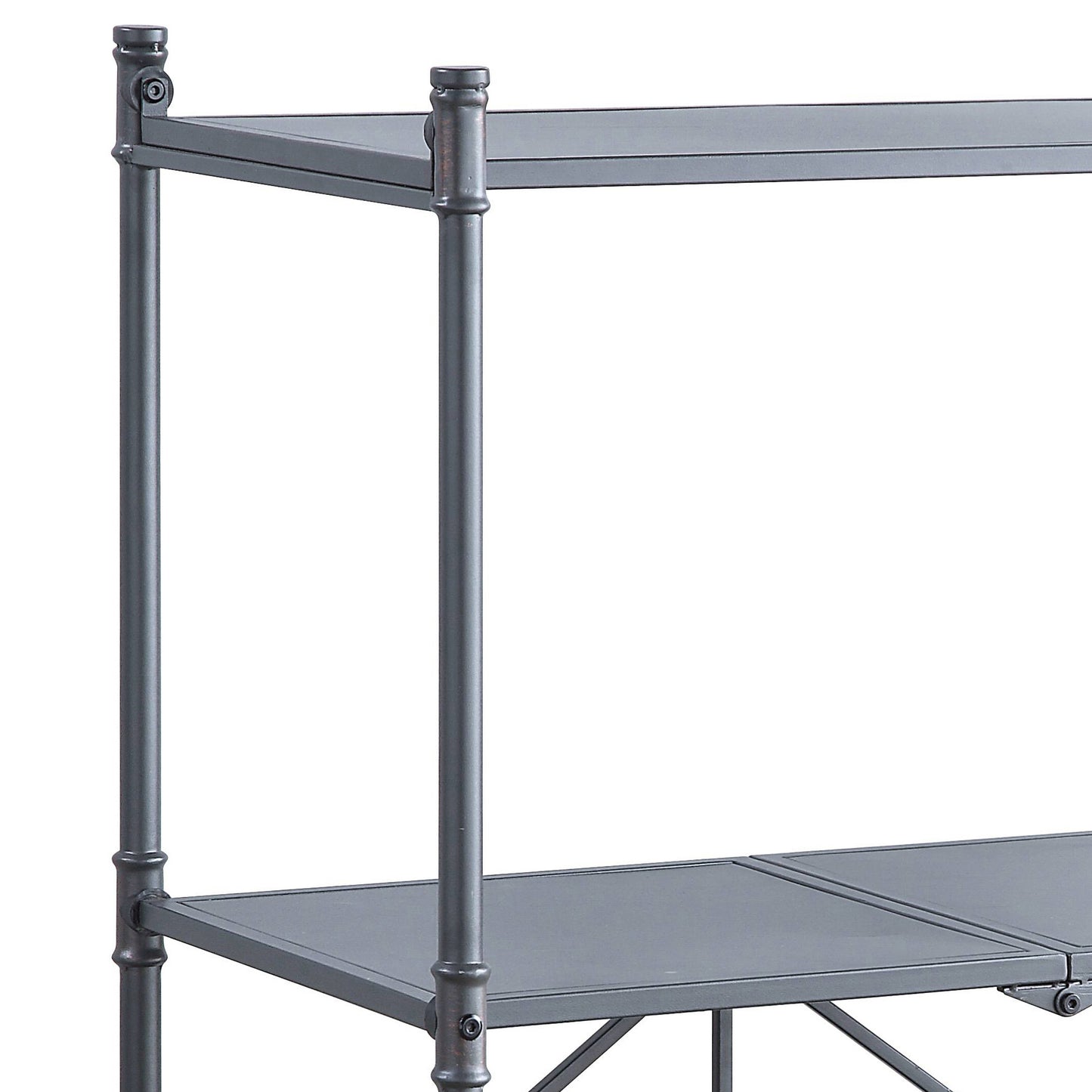 Closeup of a dark gray metal shelving unit with two shelves and industrial pipe detailing