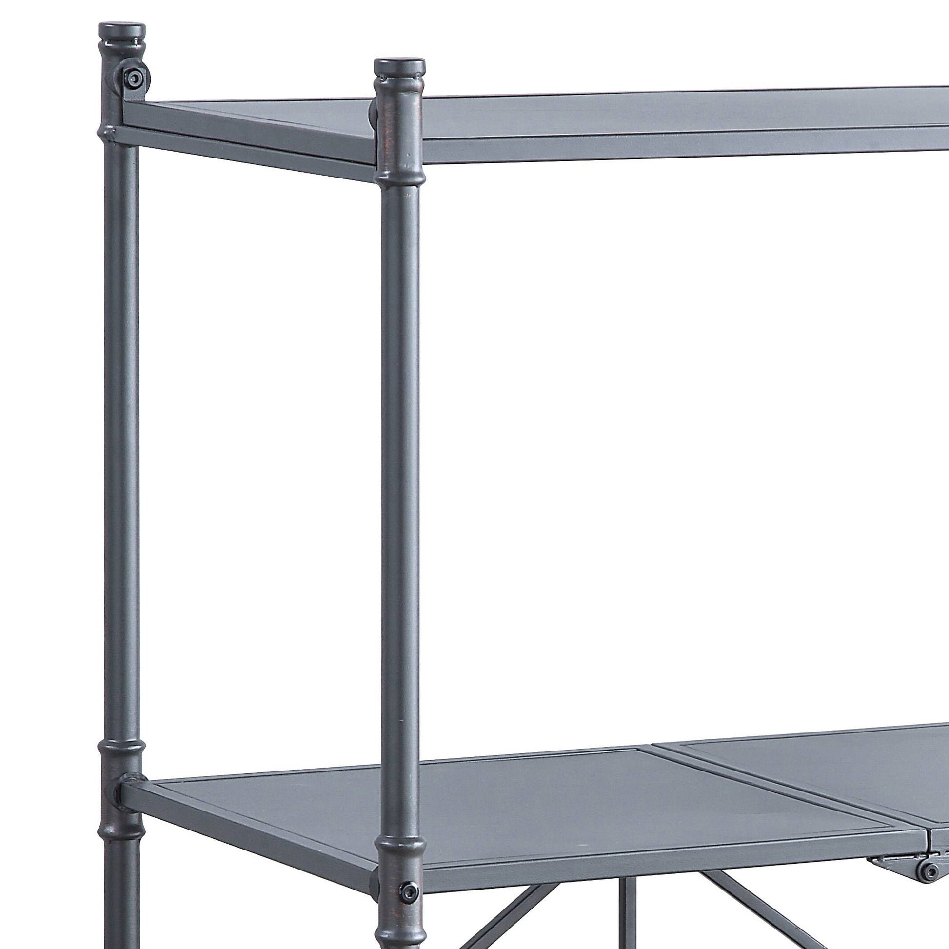 Closeup of a dark gray metal shelving unit with two shelves and industrial pipe detailing