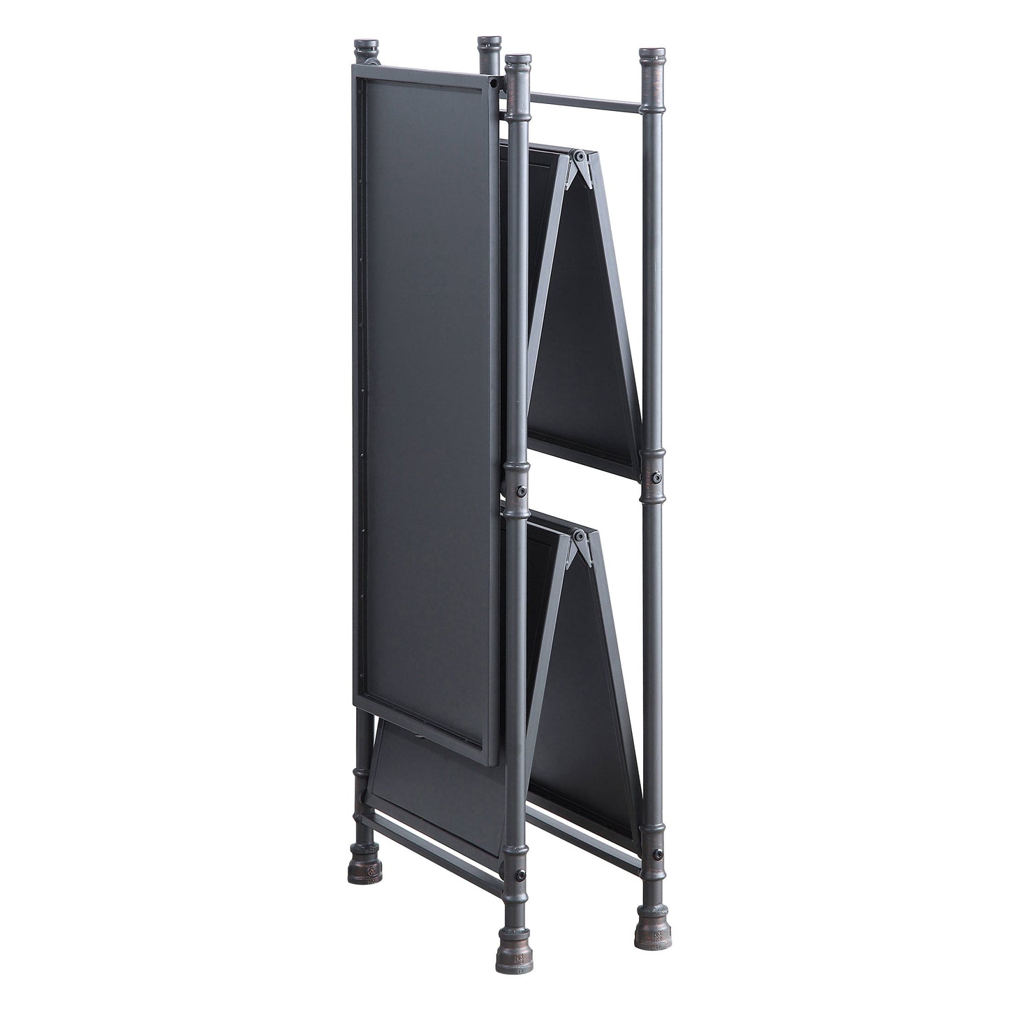 Dark gray metal folding bookshelf with industrial pipe legs and decorative finials on top posts