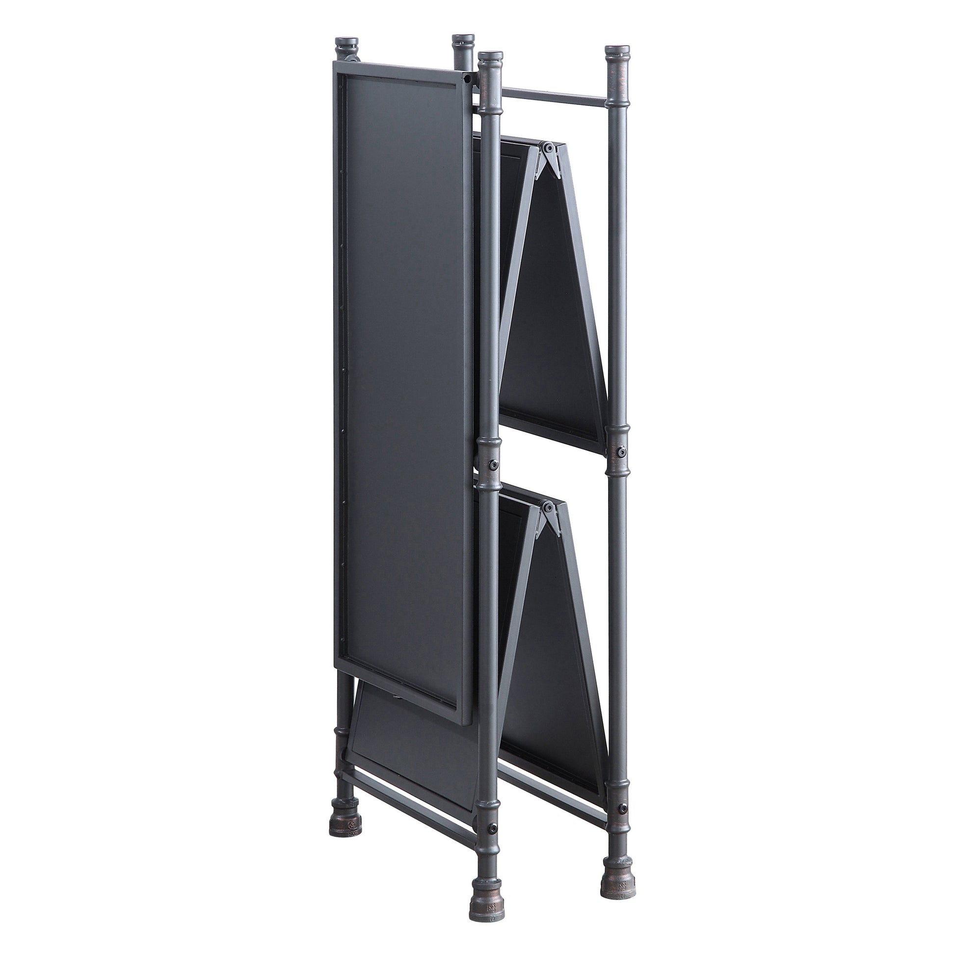 Dark gray metal folding bookshelf with industrial pipe legs and decorative finials on top posts