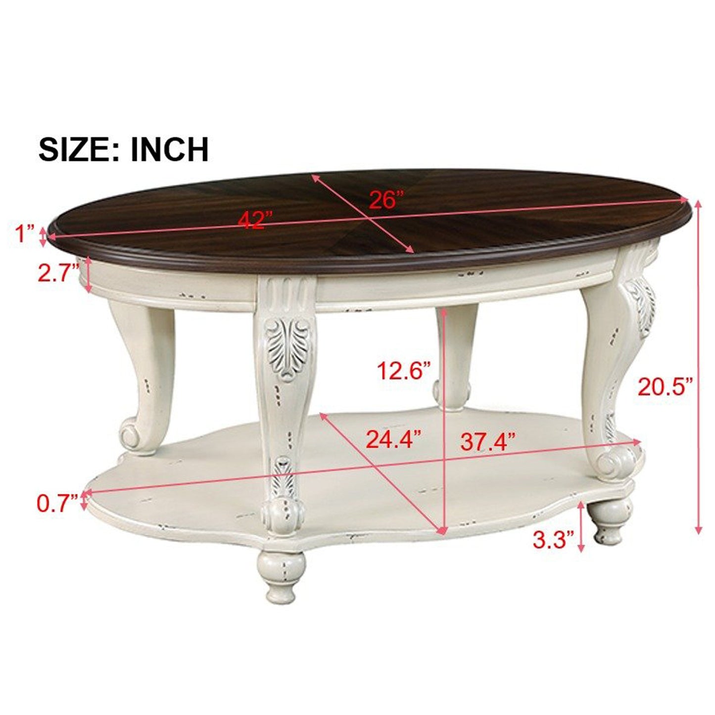 Oval coffee table with dark wood top cream distressed base and ornate legs