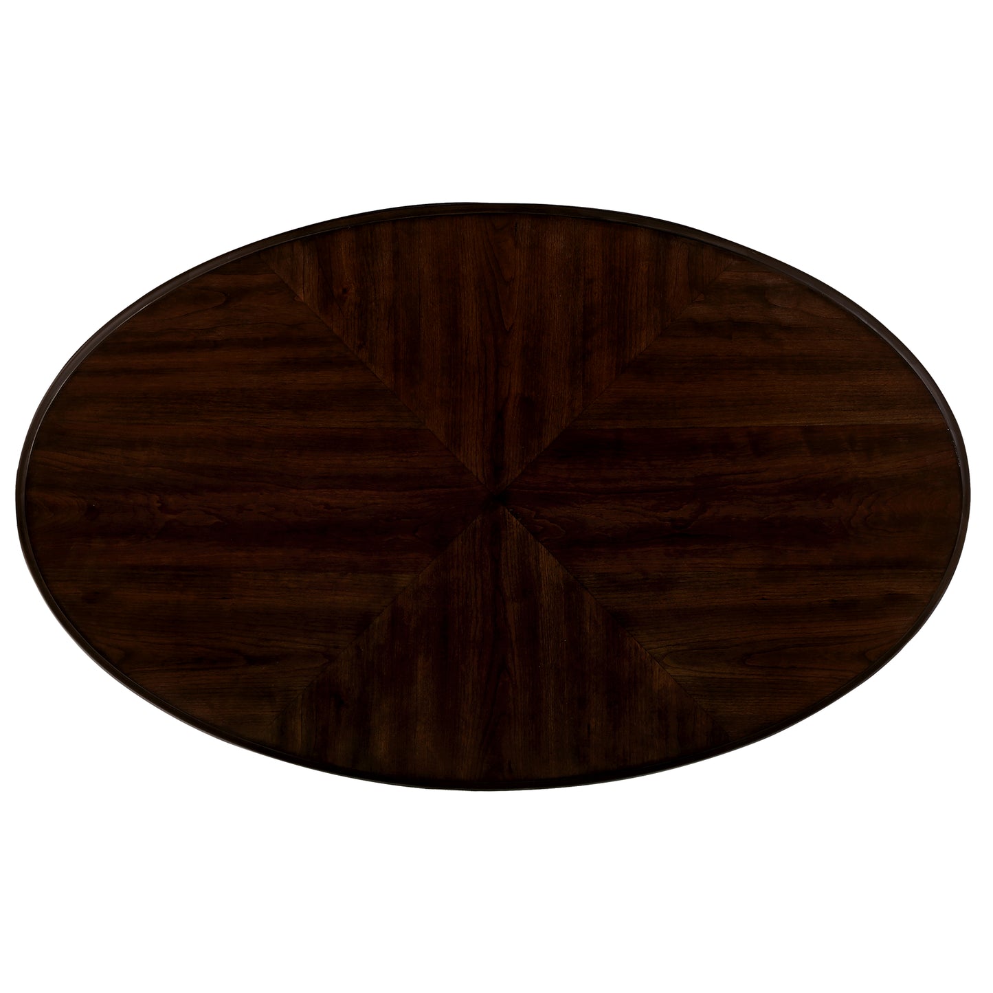 Dark mahogany oval dining table top with inlaid wood grain pattern