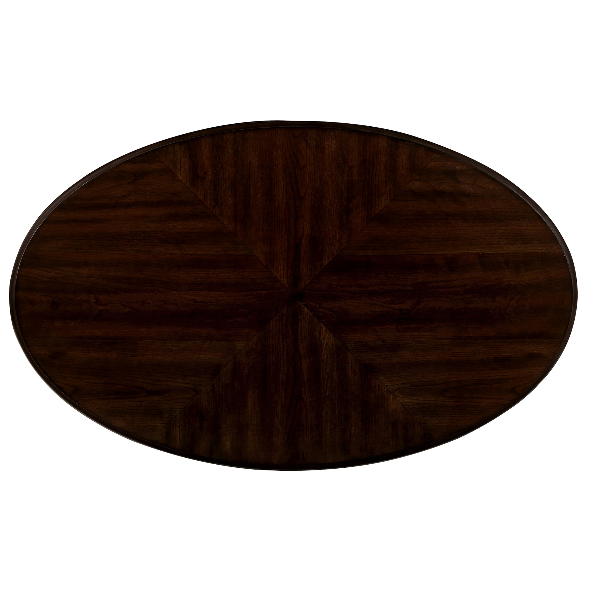 Dark mahogany oval dining table top with inlaid wood grain pattern