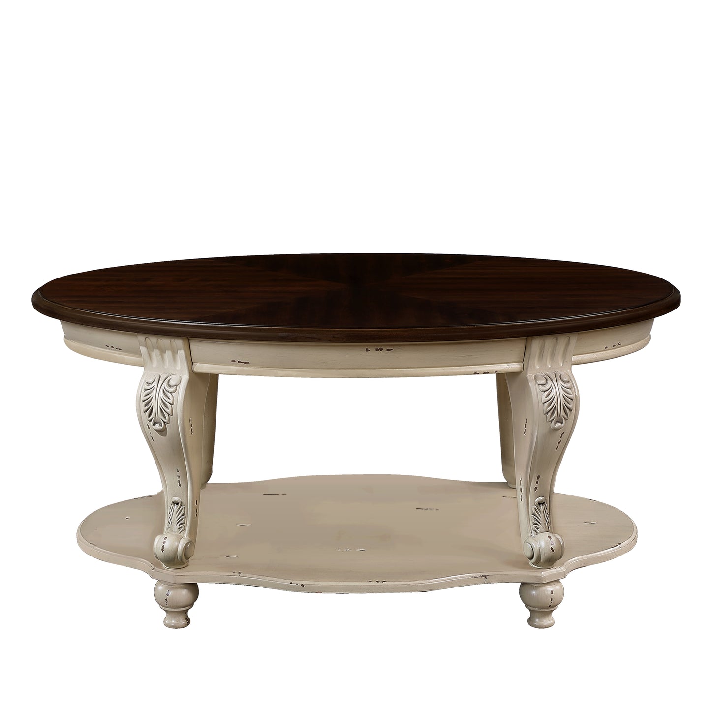 Distressed cream oval coffee table with dark wood top and carved legs