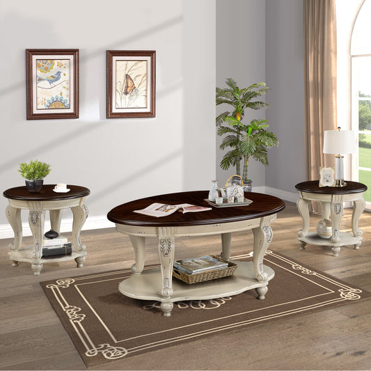 Ornate oval coffee table with dark wood top and distressed cream base