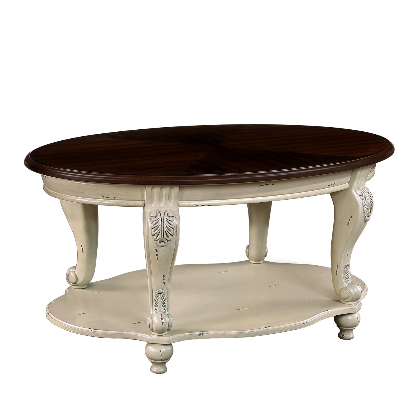 Elegant oval coffee table with distressed cream base and rich dark wood top