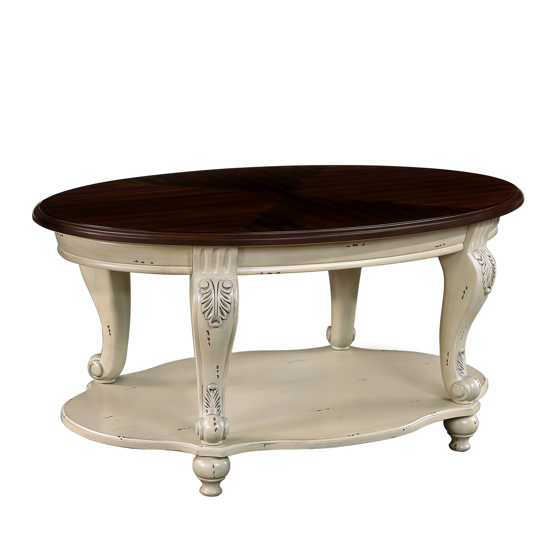 Elegant oval coffee table with distressed cream base and rich dark wood top