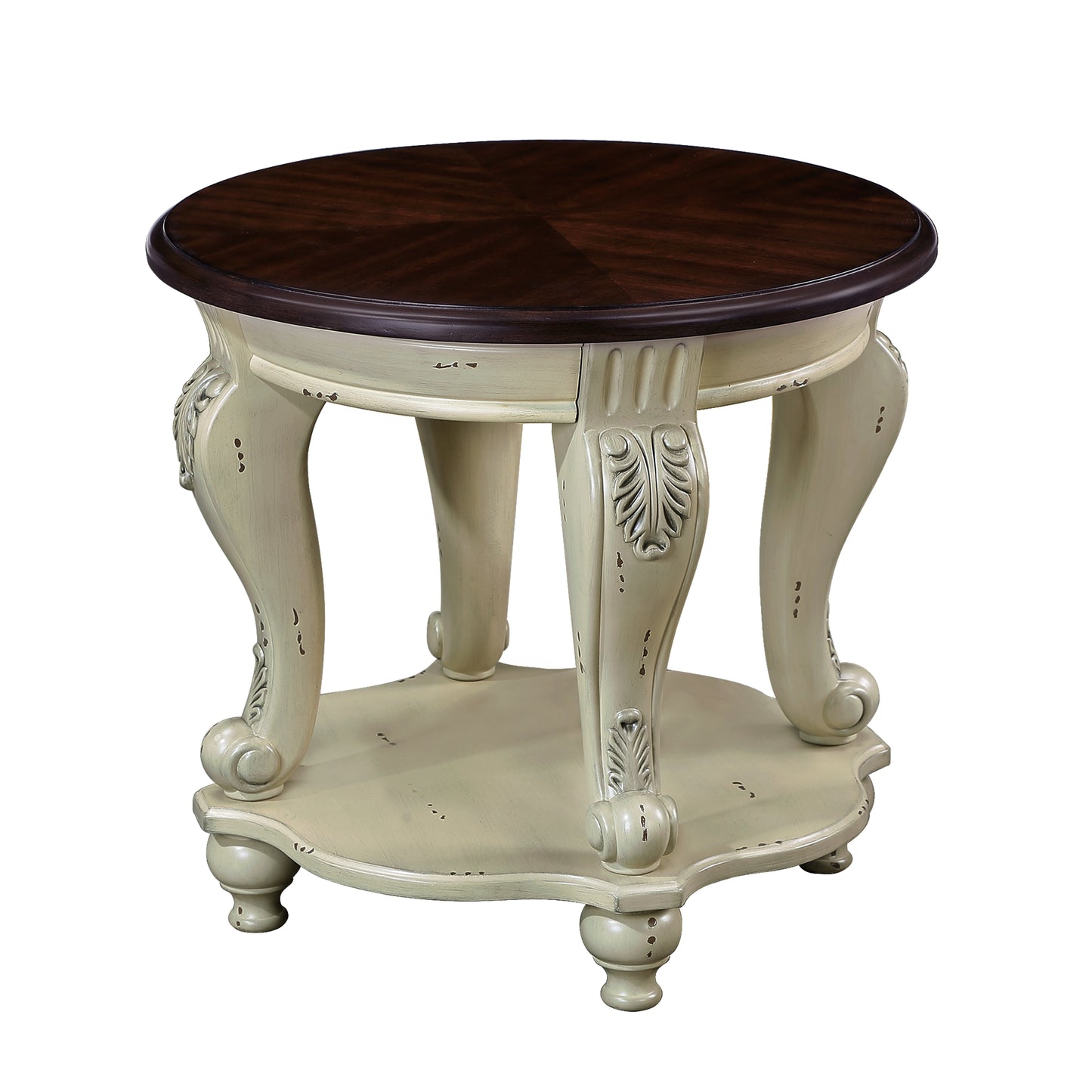 Round distressed cream end table with dark wood inlaid top