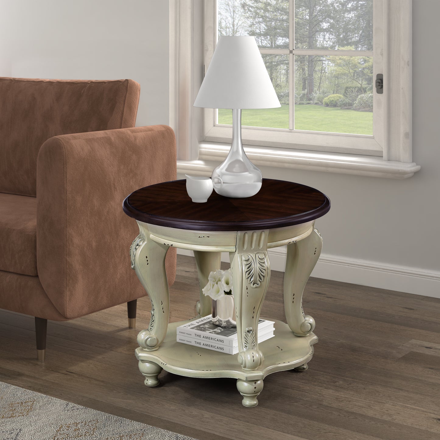 Antique cream round side table with dark wood top ornate legs and drawer