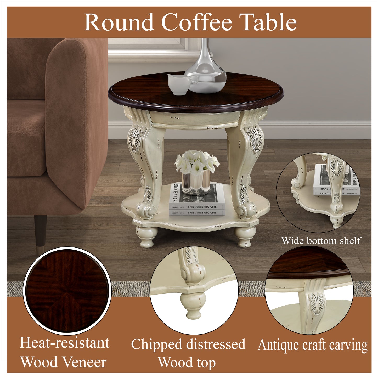 Dark wood round coffee table with a distressed cream base and ornate legs
