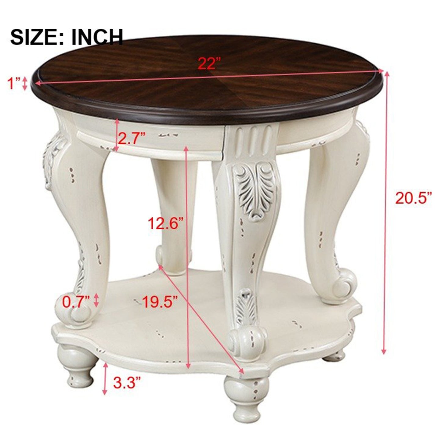 Ornate antique white end table with a dark wood distressed tabletop  diameter