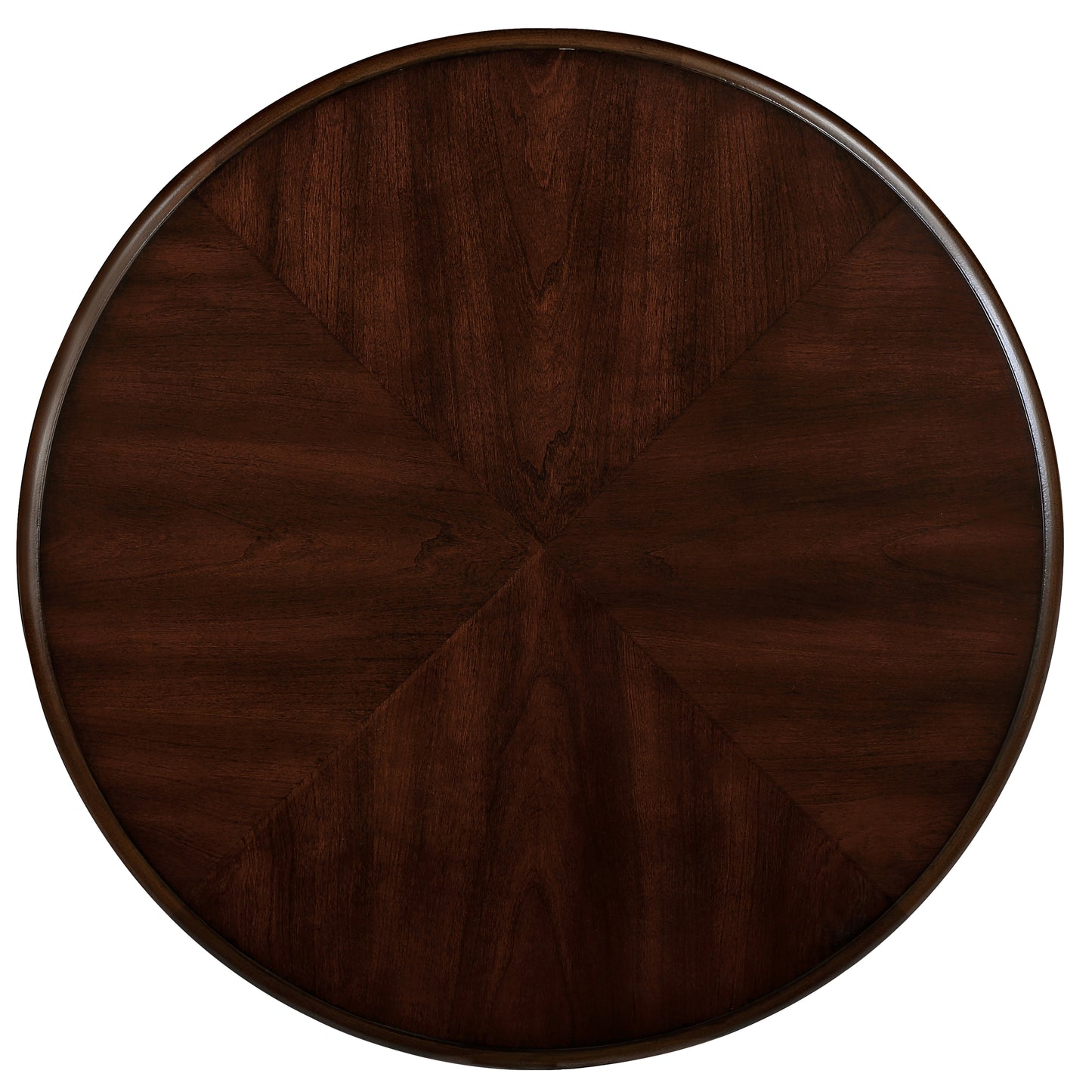 Round dark walnut veneer tabletop with intricate wood grain pattern