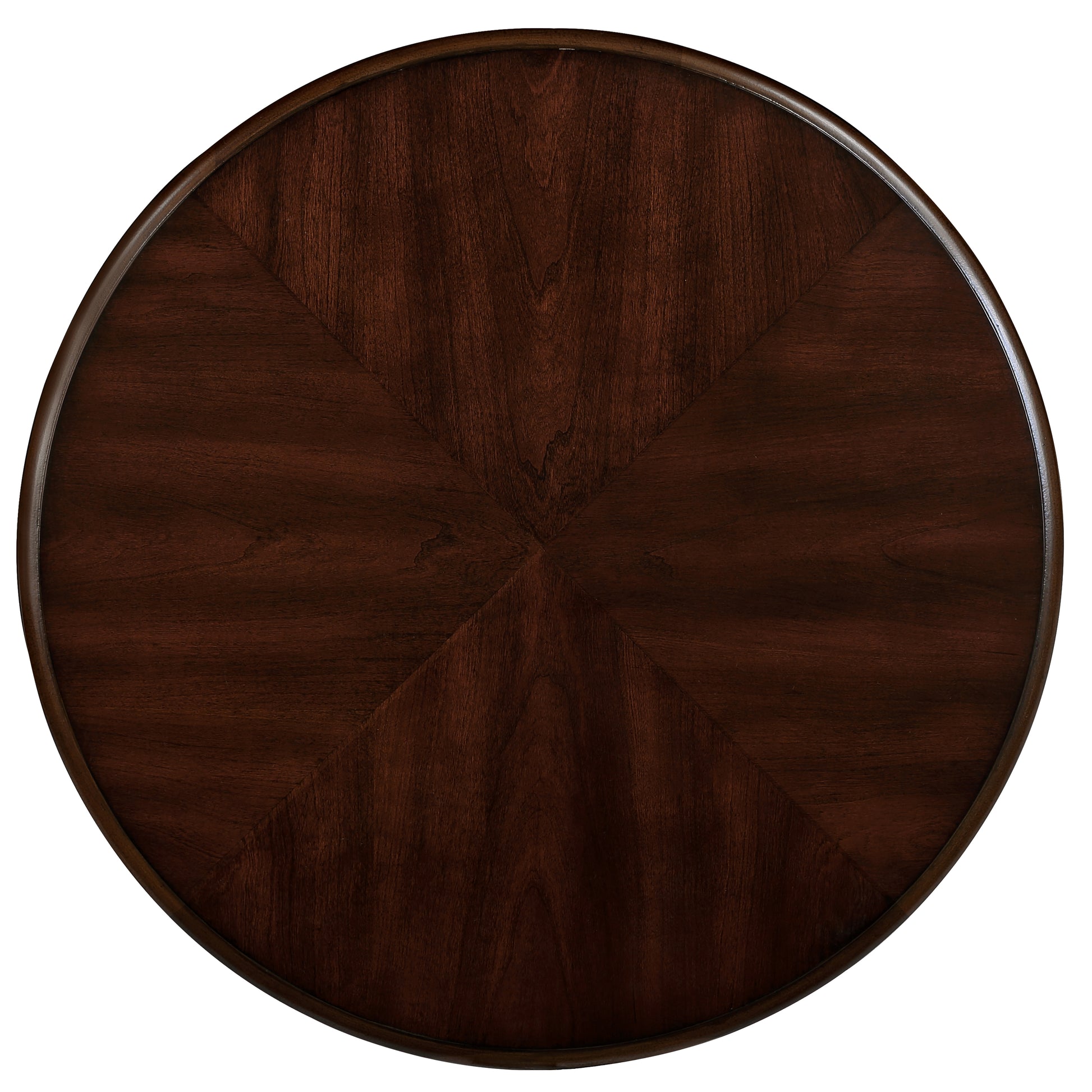 Round dark walnut veneer tabletop with intricate wood grain pattern