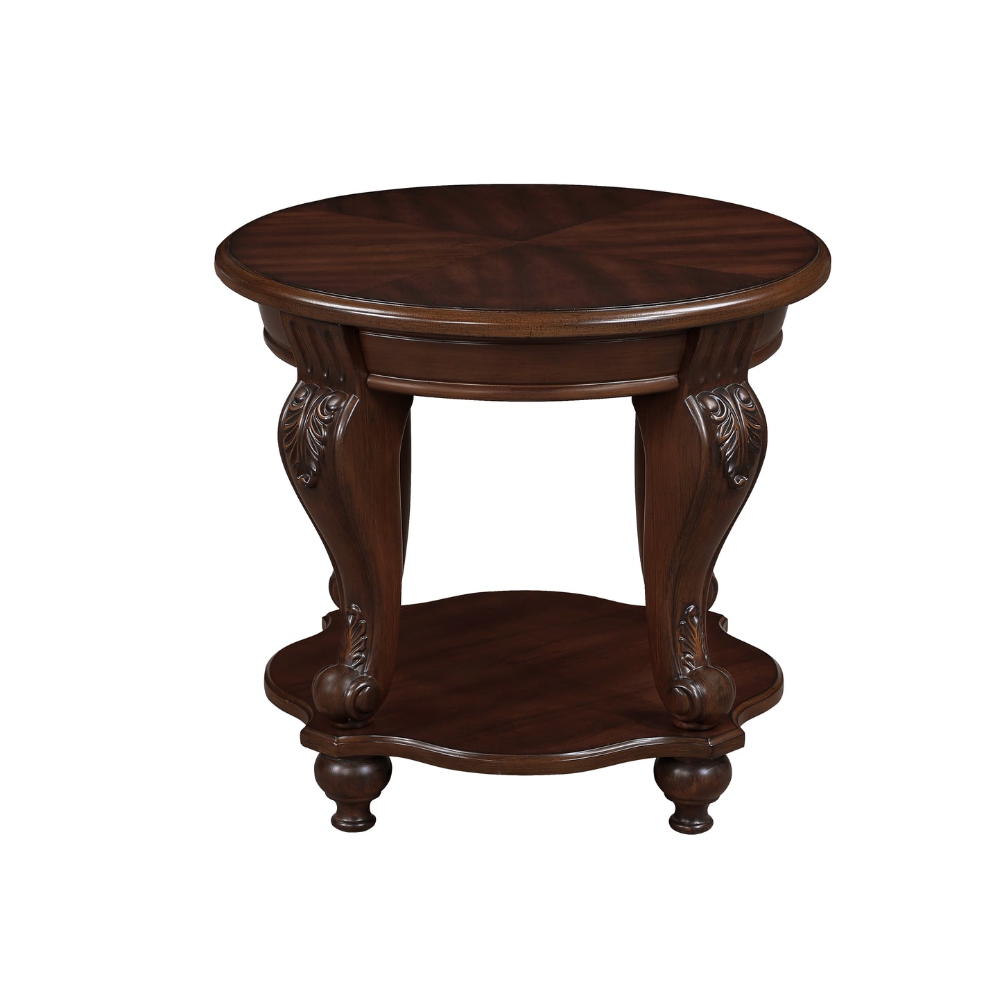 Ornate dark wood round end table with carved legs and lower shelf