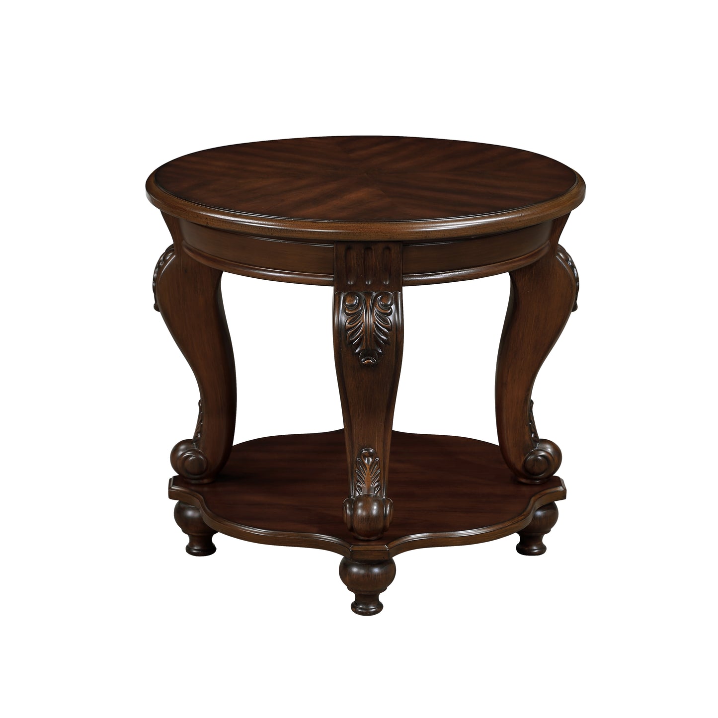 Round mahogany wood end table with carved legs and lower shelf