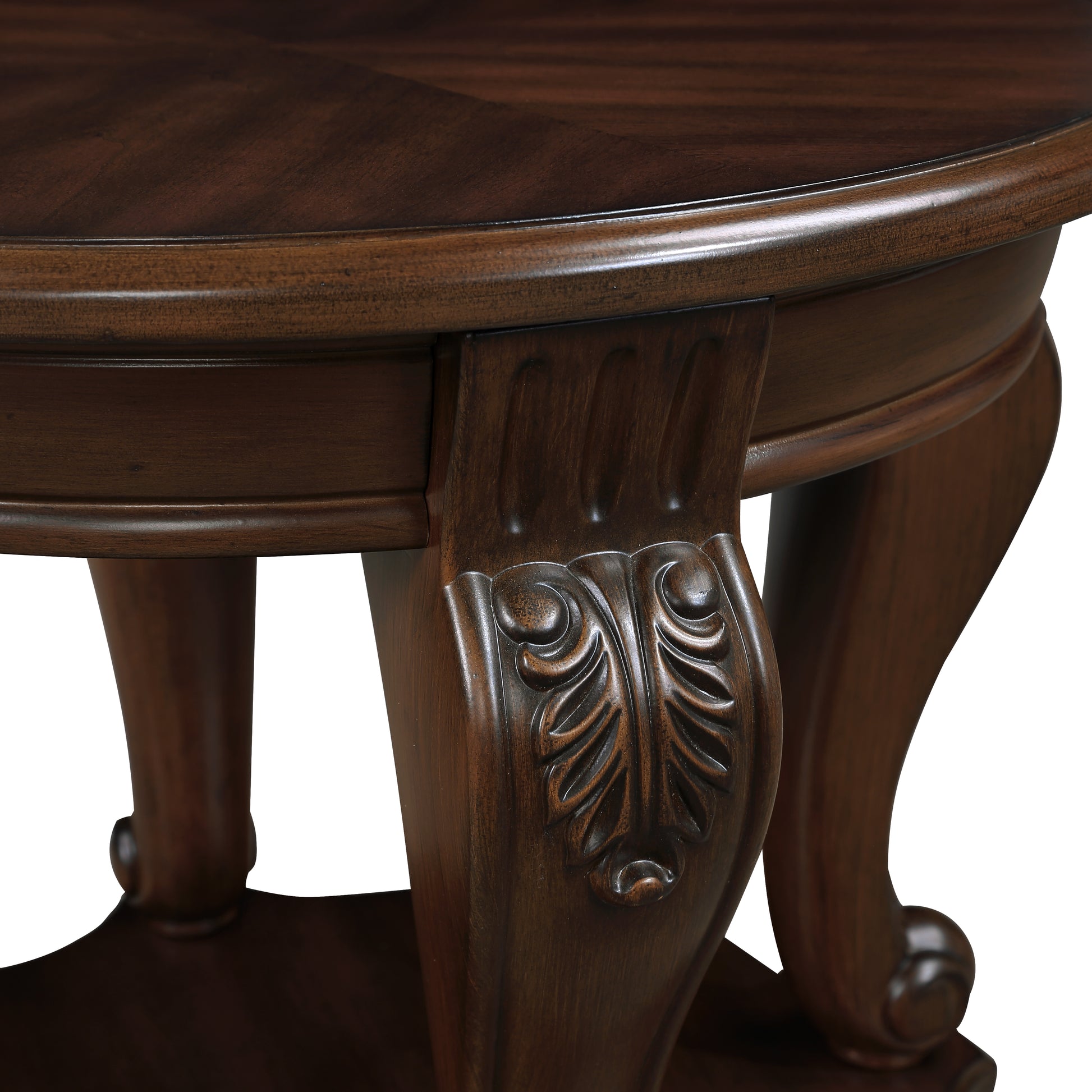 Ornate dark wood carved accent table leg with carved acanthus leaf detailing