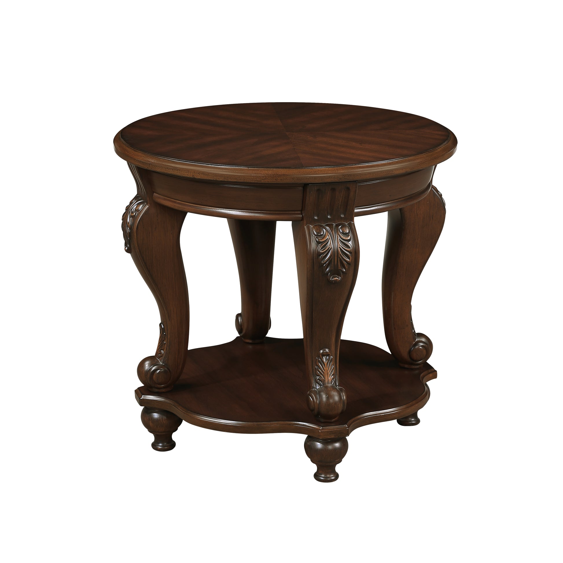 Dark wood round end table with carved legs and a lower shelf classic design