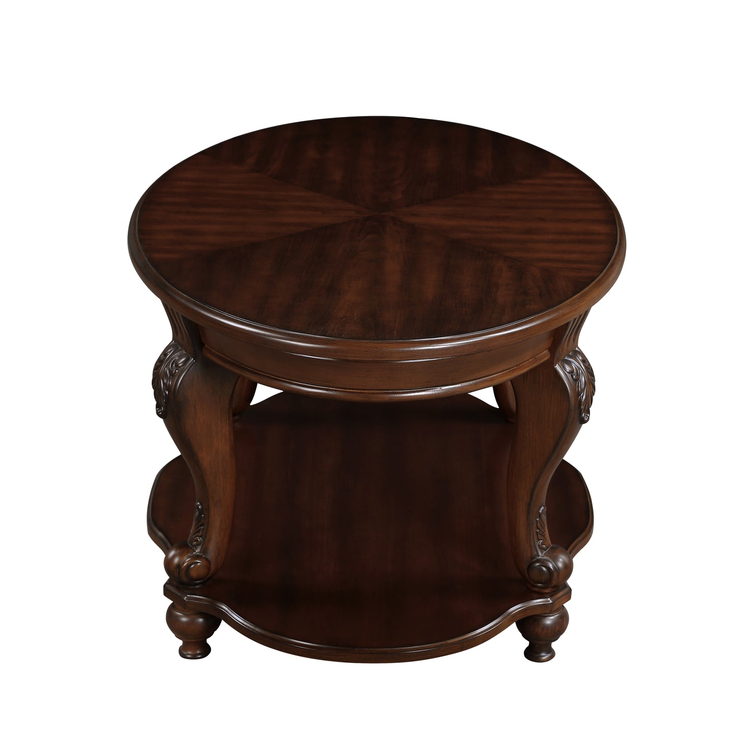 Ornate dark wood round end table with carved legs and shelf