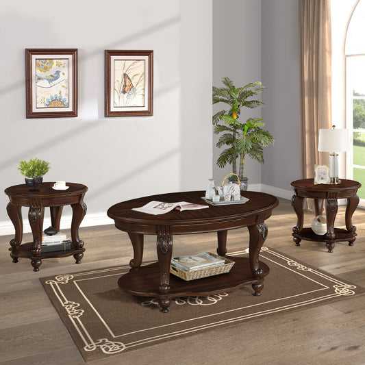 Dark cherry oval coffee table with decorative legs and a lower shelf holding magazines