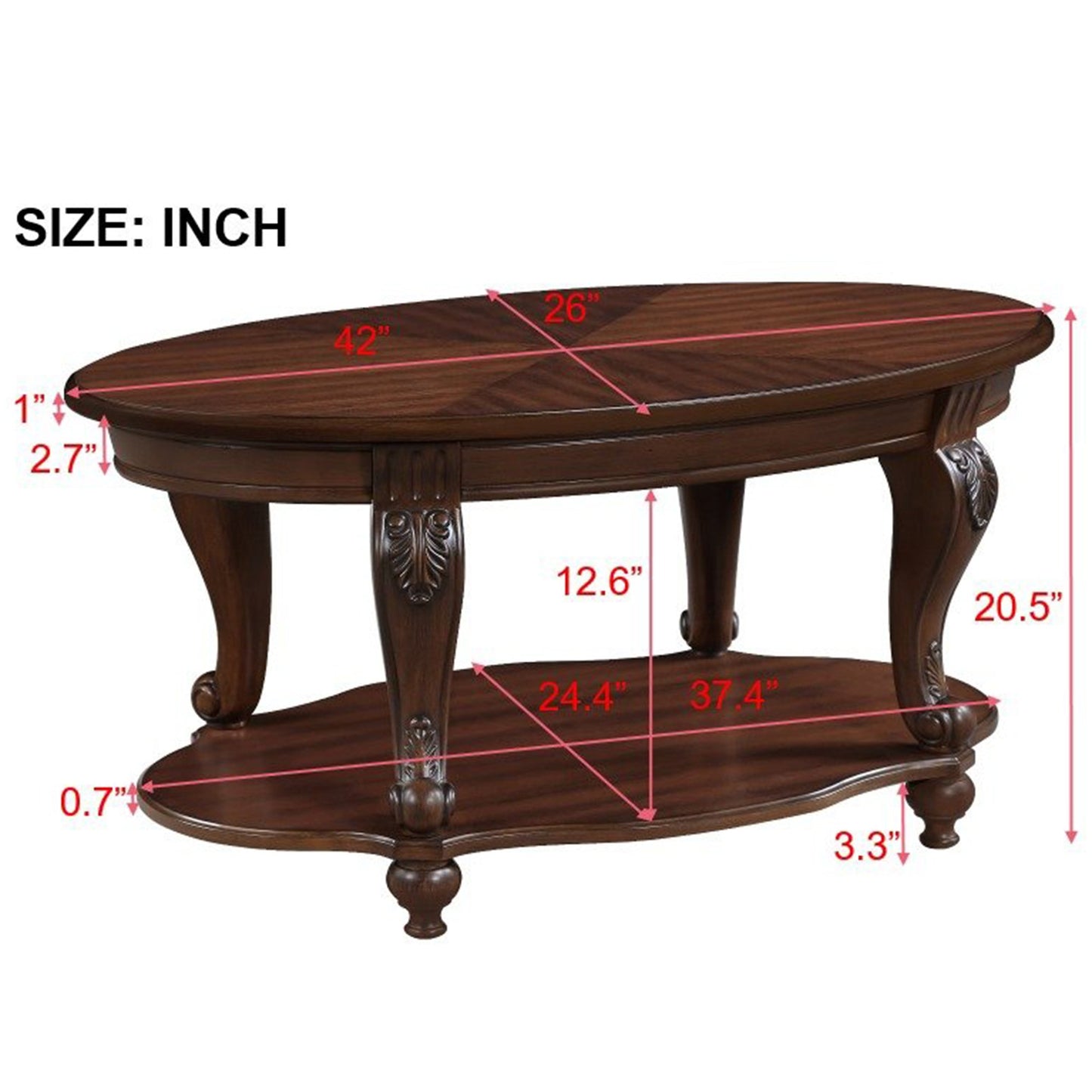 Dark brown oval coffee table with carved legs and a lower shelf Dimensions  L x  W x  H