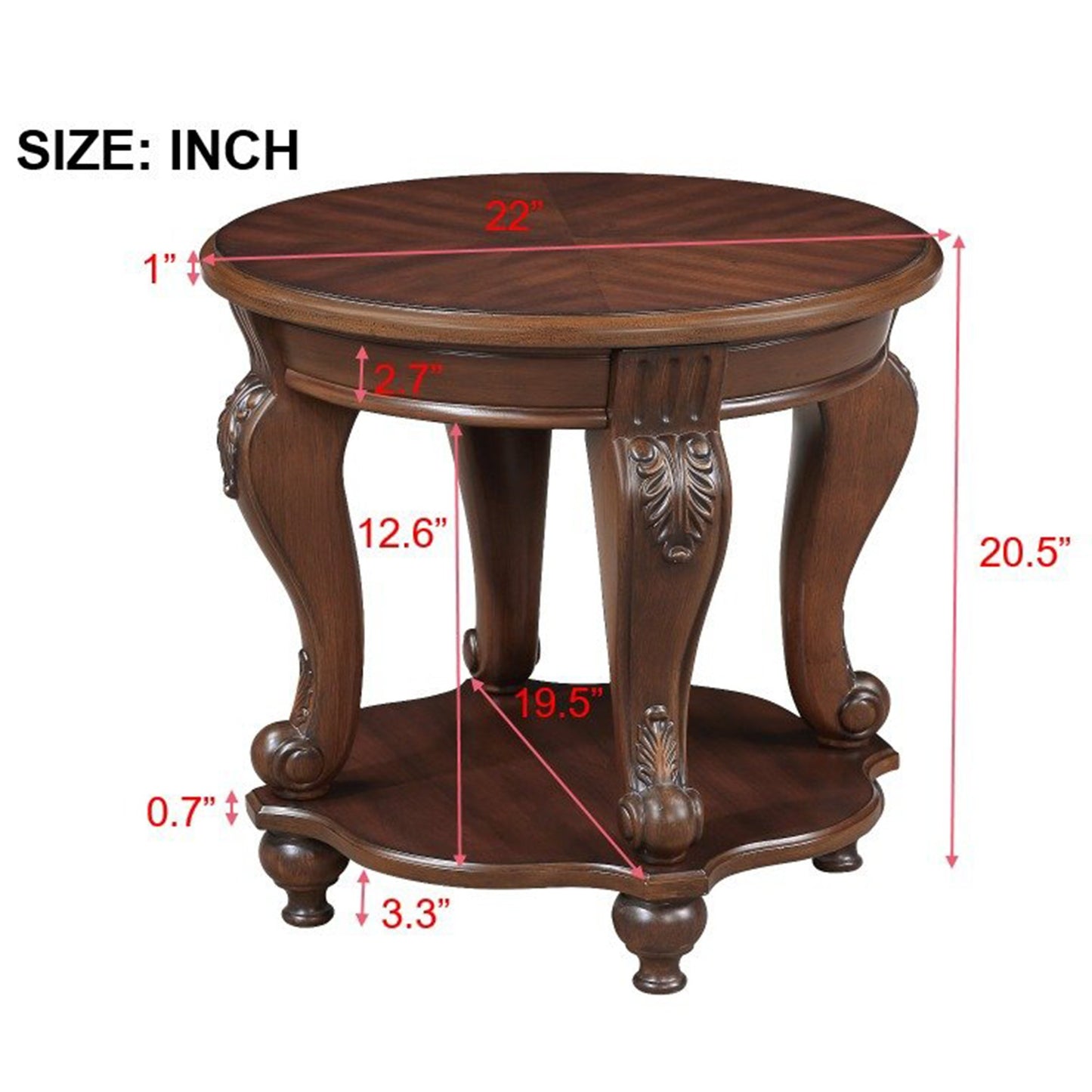 Round mahogany end table with carved legs and ornate detailing  diameter